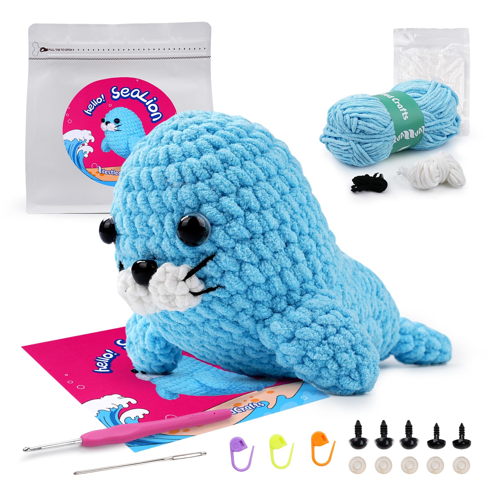 Wadukud Kit completo de ganchillo de león marino para principiantes, juego de iniciación de amigurumis con tutoriales en video, regalo para niños