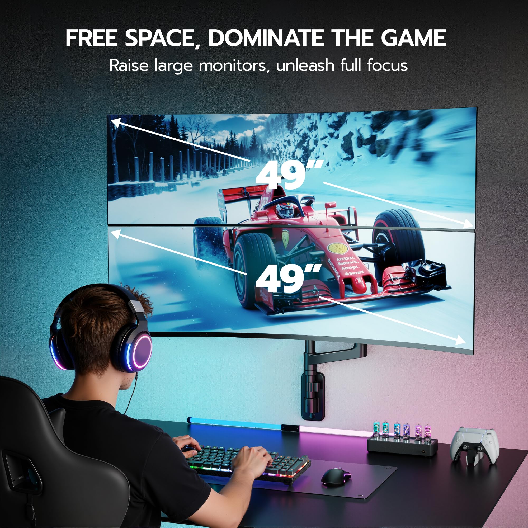 ARES WING Supporto da parete per 2 monitor Ultra Wide 17-49",Nero | 20 kg/braccio, molla a gas PC, monitor Hatlert, parete completamente regolabile, per ufficio e giochi, VESA 75/100