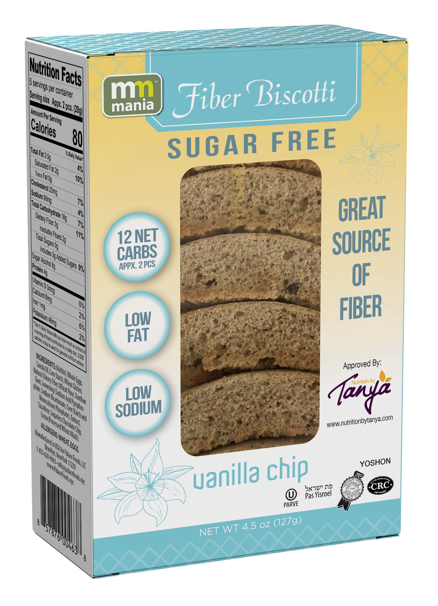 2 Sugar Free Fiber Biscotti Vanilla Chip 12 Net carbs 80 Cal per Serving Source of Fiber (Twin Pack) Kosher