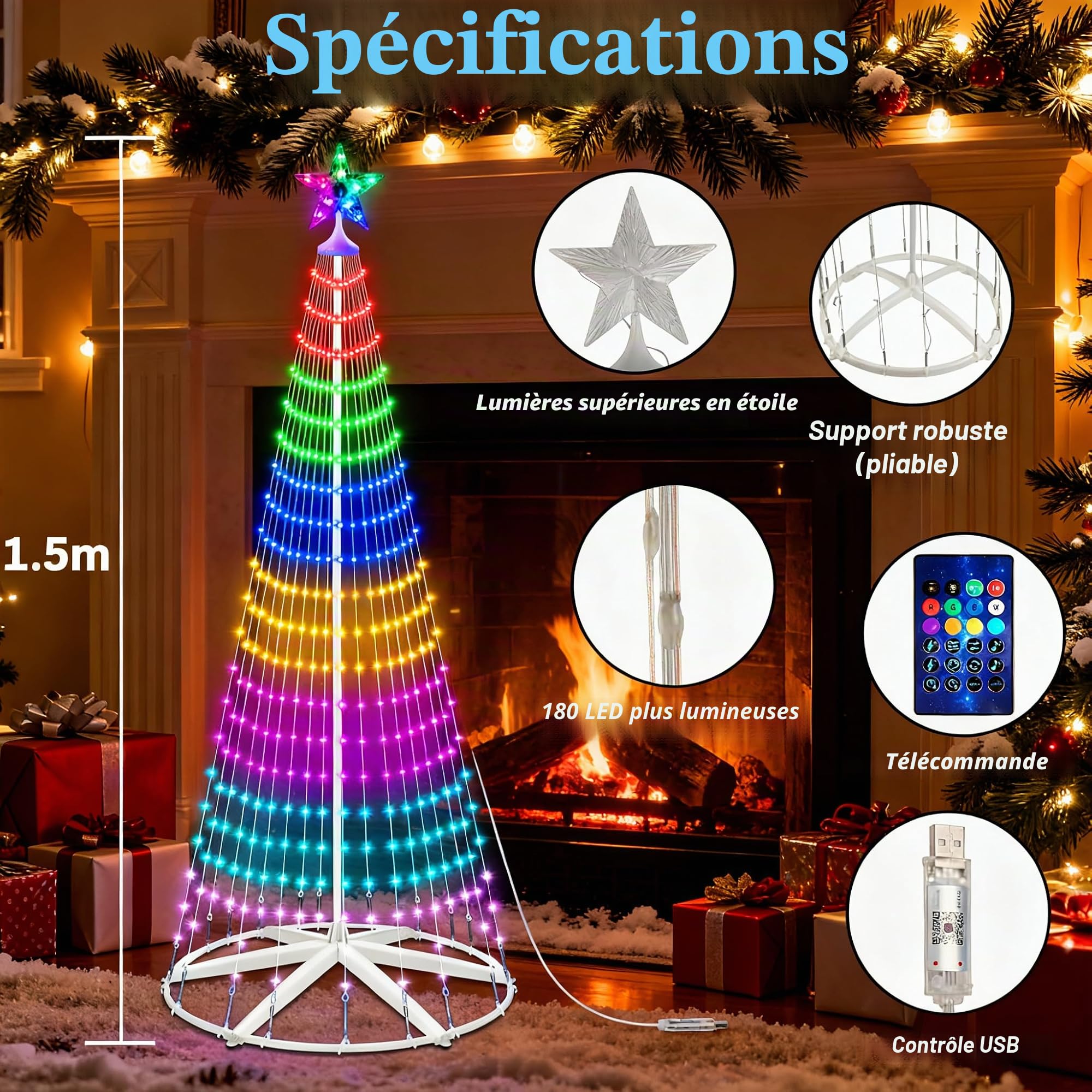 Hoofun Guirlande lumineuse LED intelligente pour sapin de Noël : 150 cm, éclairage de Noël avec étoiles, application et télécommande, prise USB, RVB à intensité variable, mode DIY, minuterie