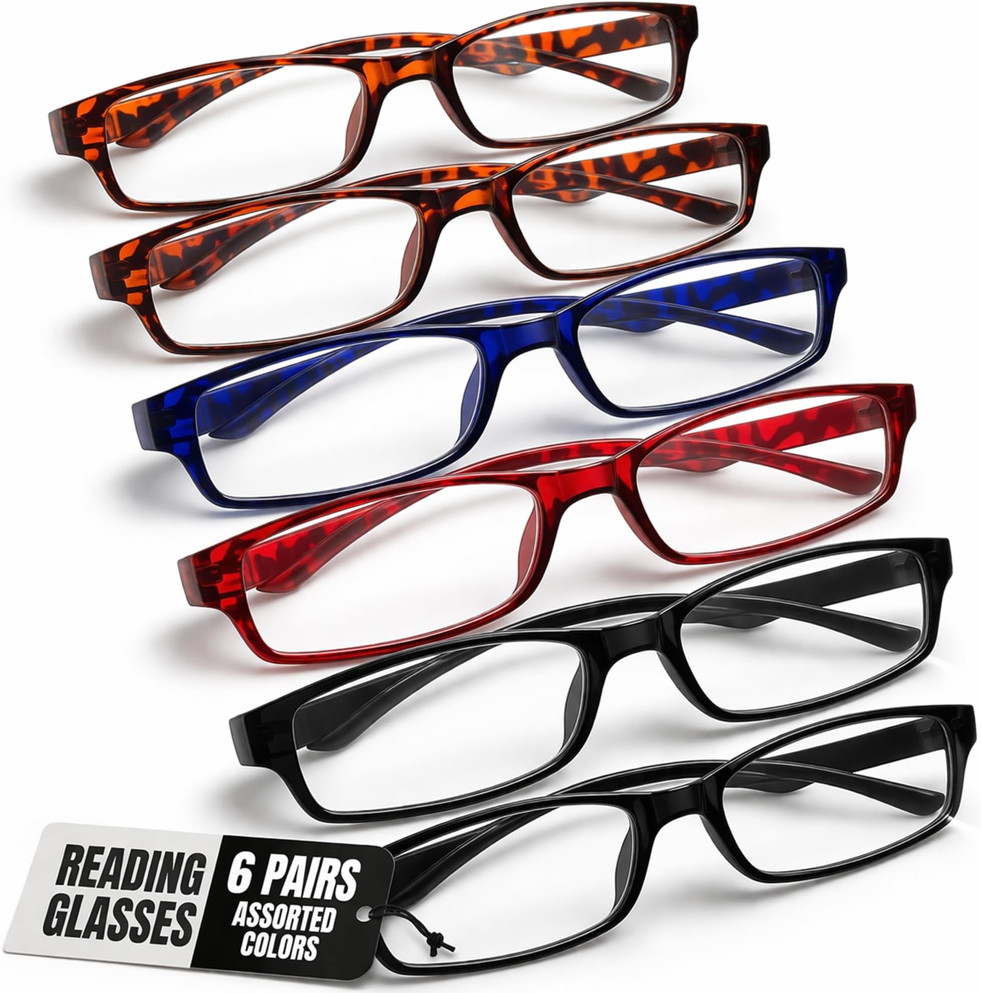 6 Pack Reading Glasses by BOOST EYEWEAR, Traditional Frames in Assorted Colors, for Men and Women, with Spring Loaded Hinges
