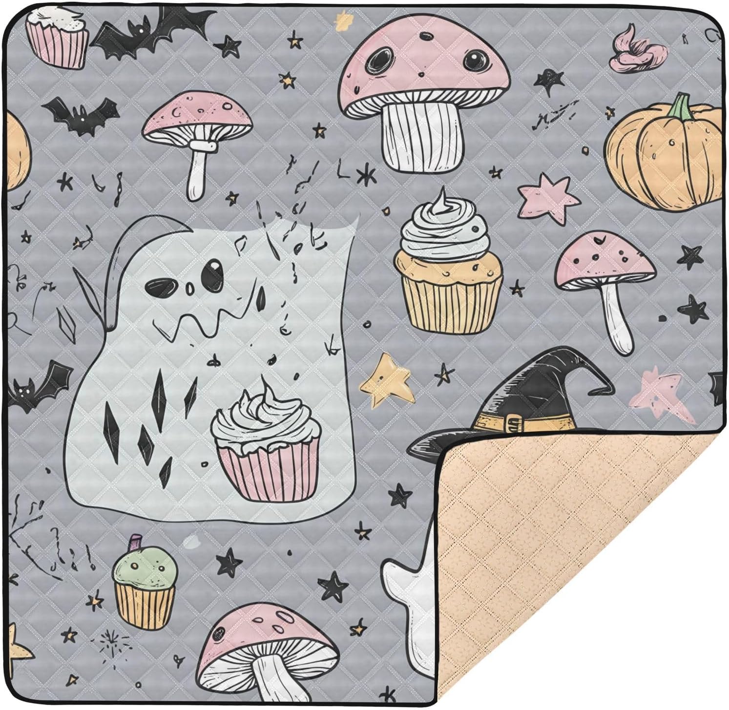 Doodle Cute Ghost Baby Play Mat, 50“ X 50” Washable Folding Crawling Mat, Baby Floor Mat, Soft, Non-Slip