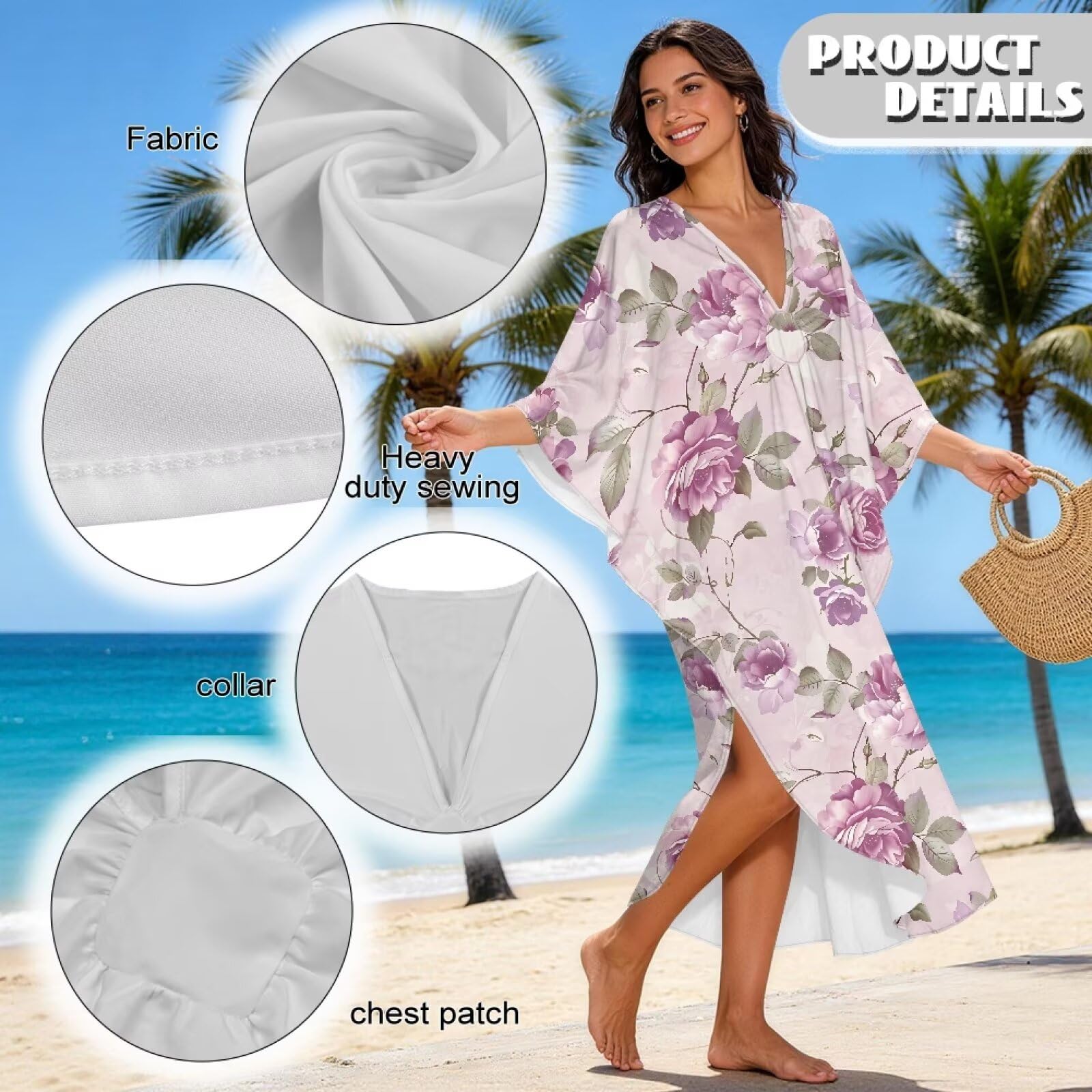 Xoenoiee Damska sukienka kaftan plus size dekolt w serek rękaw nietoperz okrycie plażowe okrycie kąpielowe okrycie kąpielowe letnia sukienka kaftan