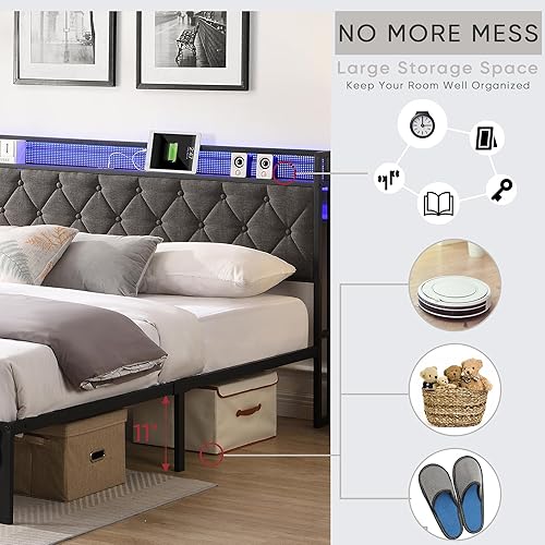 Miniatura 20 de HAUSHECK Base de cama tapizada de tamaño matrimonial con cabecera de almacenamiento, espacios debajo de la cama de 12 pulgadas de altura y 4 puertos