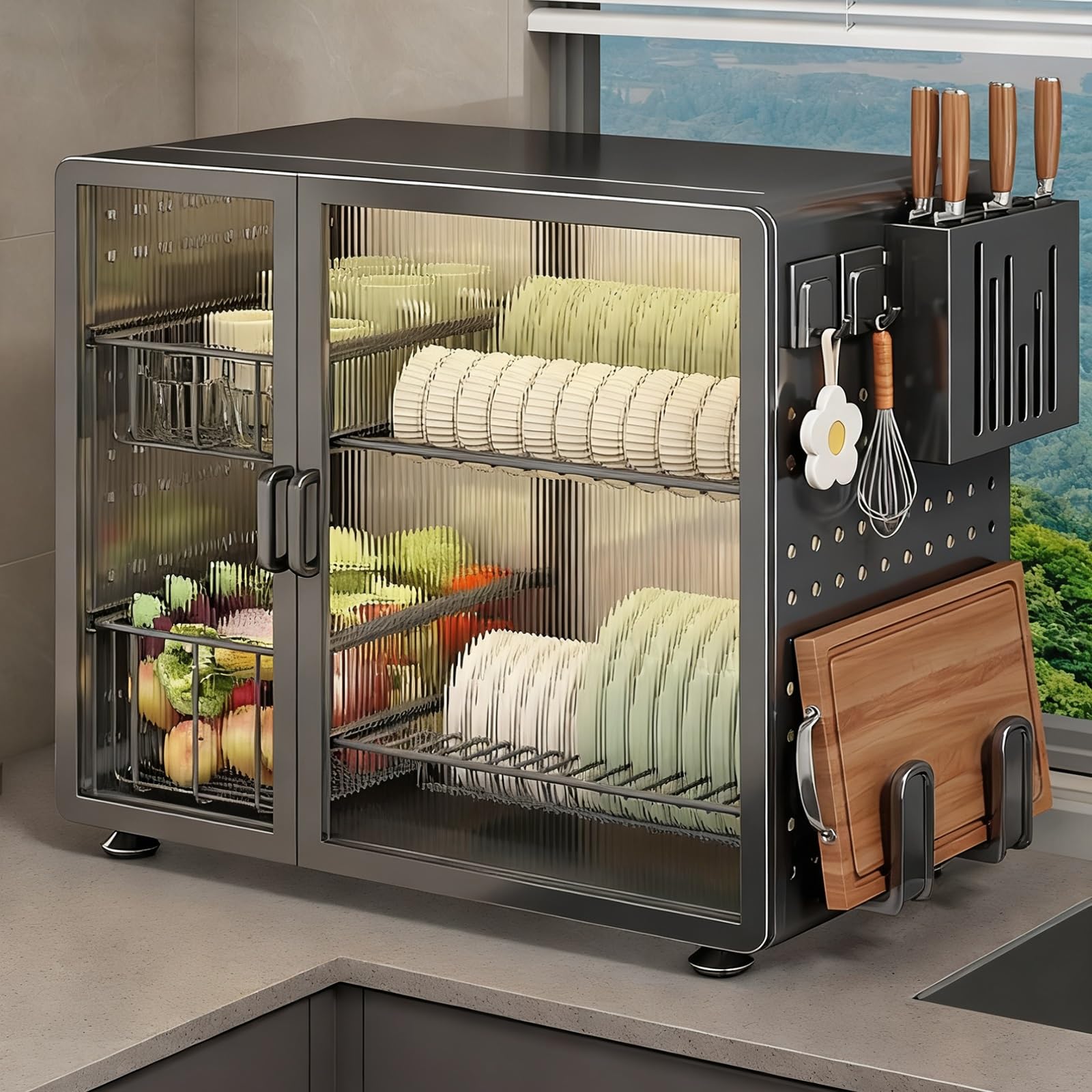 Escurridor de platos de metal de dos niveles con tapa para fregaderos de cocina, diseño sobre el fregadero, puerta magnética, duradero y compacto para ahorrar espacio