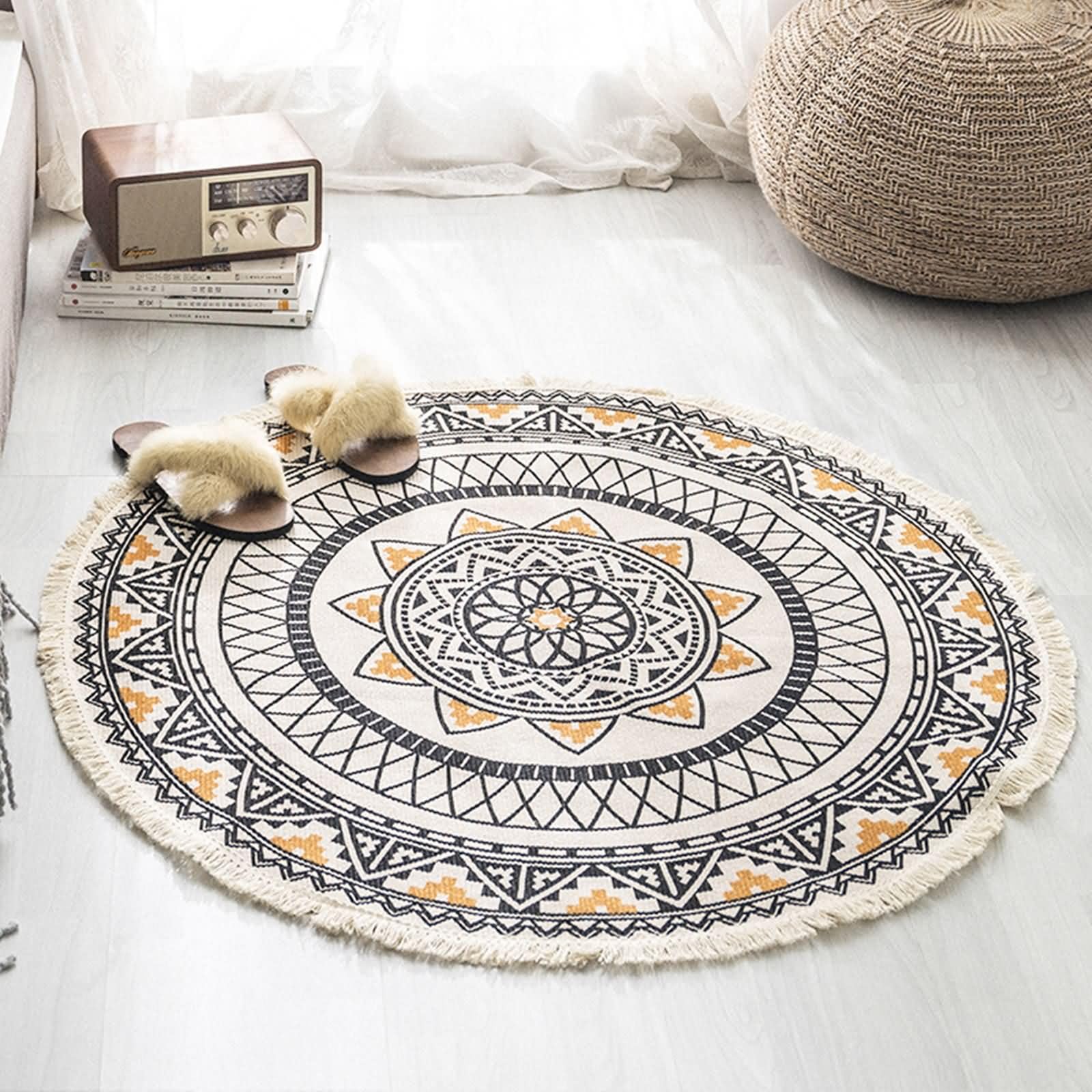 Teppich Wohnzimmer Rund, Baumwoll-Leinen Vintage Böhmische Blumen 150CM Teppich für Wohnzimmer, Küche Schlafzimmer, & Kinderzimmer, Grau Gelb, Stil 1