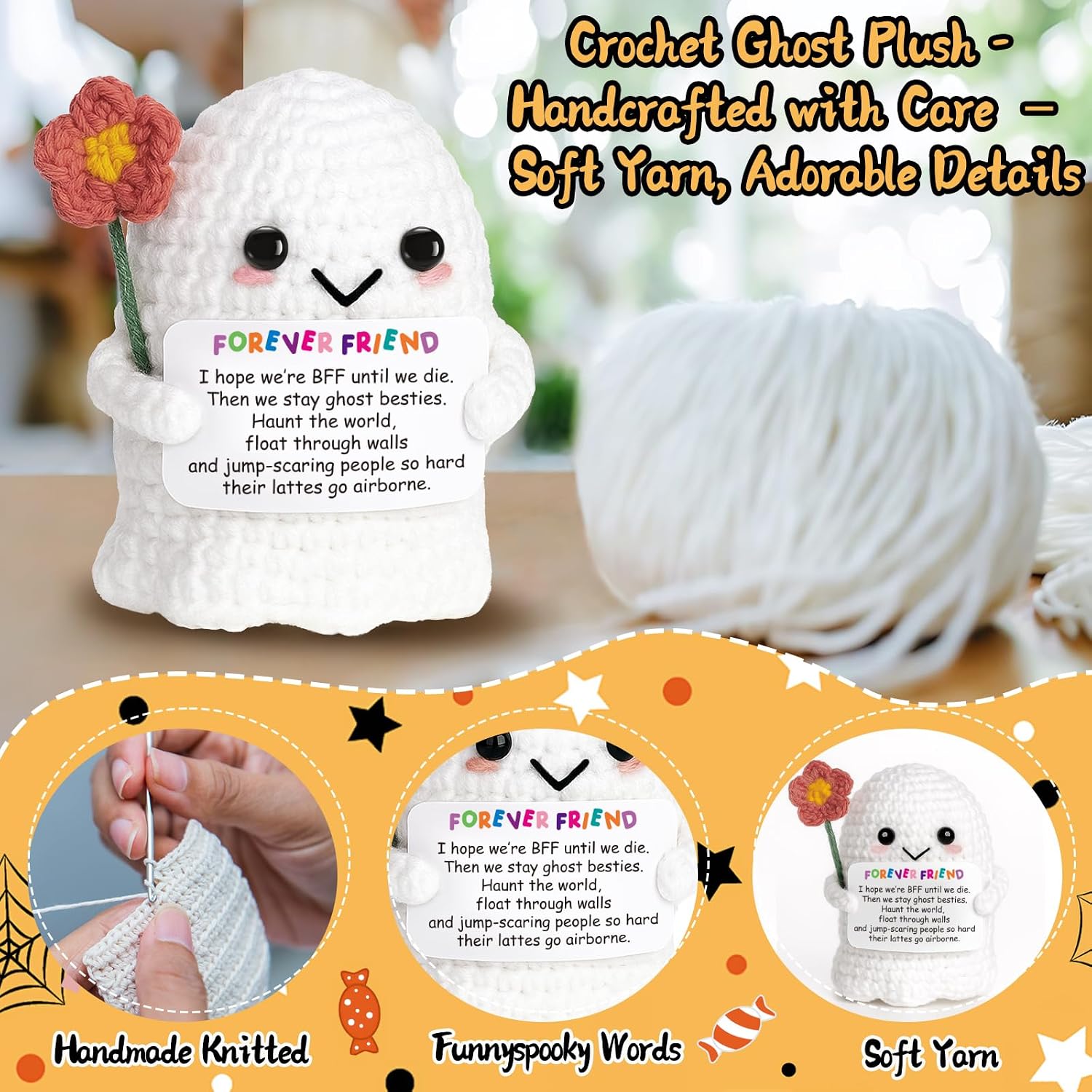 Best Friend for Women Friendship Ornaments - Handmade Crochet Ghost Decor with Funny Boo BFF Message Card, Halloween Stocking Stuffers, Cute Birthday Gift for Bestie Soul Sister image 3