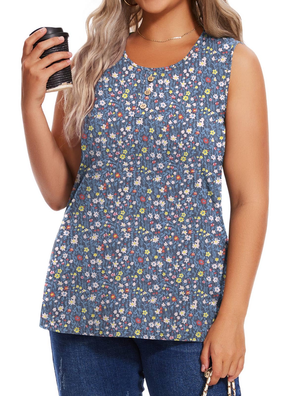 Womens Plus Size Tank Top Summer Sleeveless Casual Blouses Loose Shirt Button Tunics
