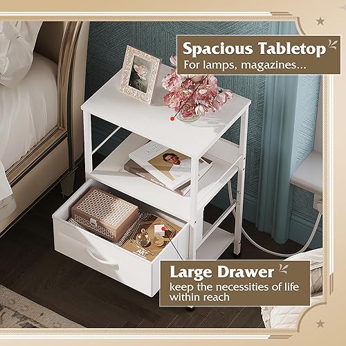 Miniatura 6 de WLIVE Mesita de noche blanca con estación de carga, mesita de noche LED con cajón de tela ajustable, mesa de noche de almacenamiento de 3 niveles