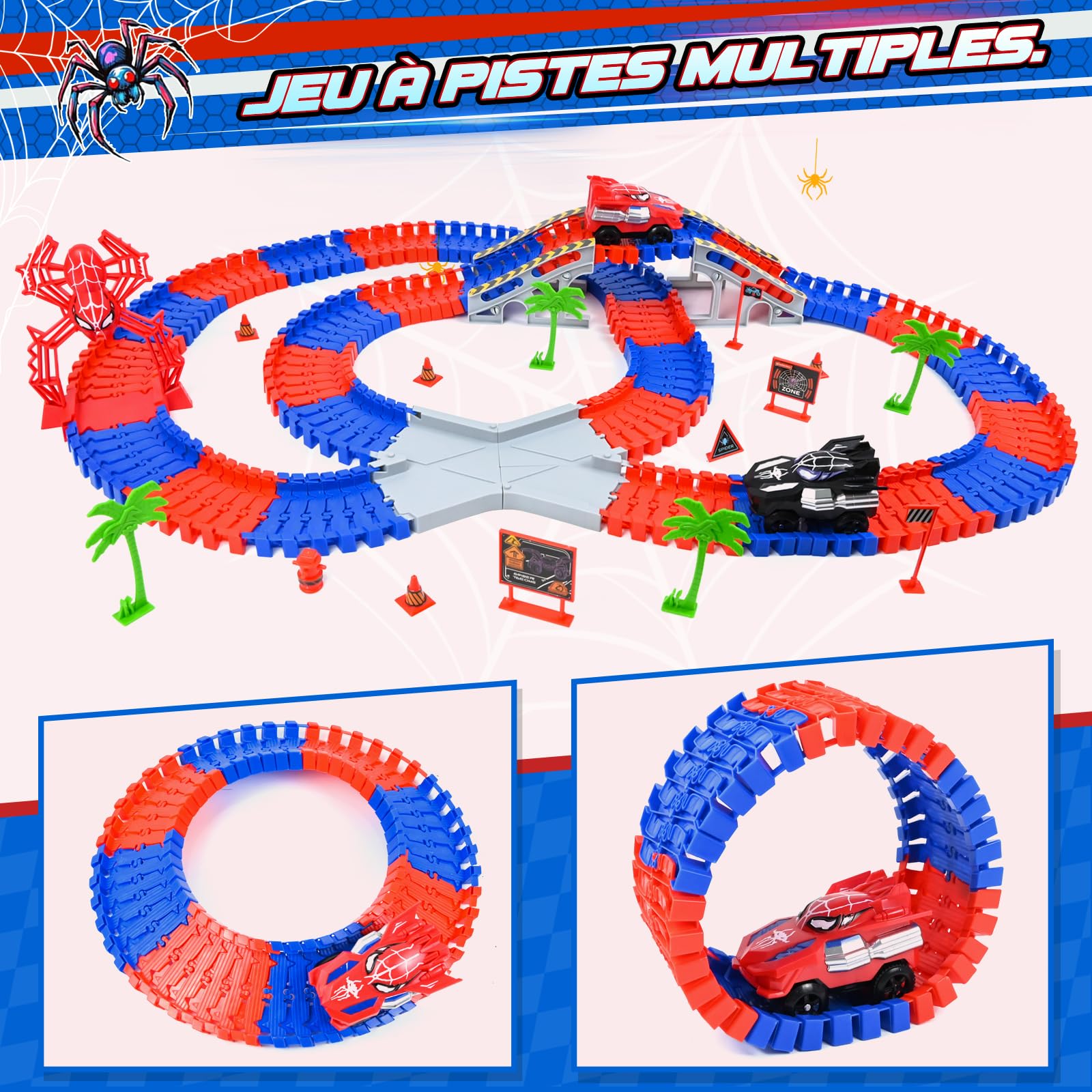 PATEMZON Circuit Voiture Enfant, Spider Railcar, Jouet de Circuit Automobile avec 2 Voitures, 208 PCS de Piste de Course de Voitures, Jouets de Course pour Enfants de 3 4 5 Ans et Plus