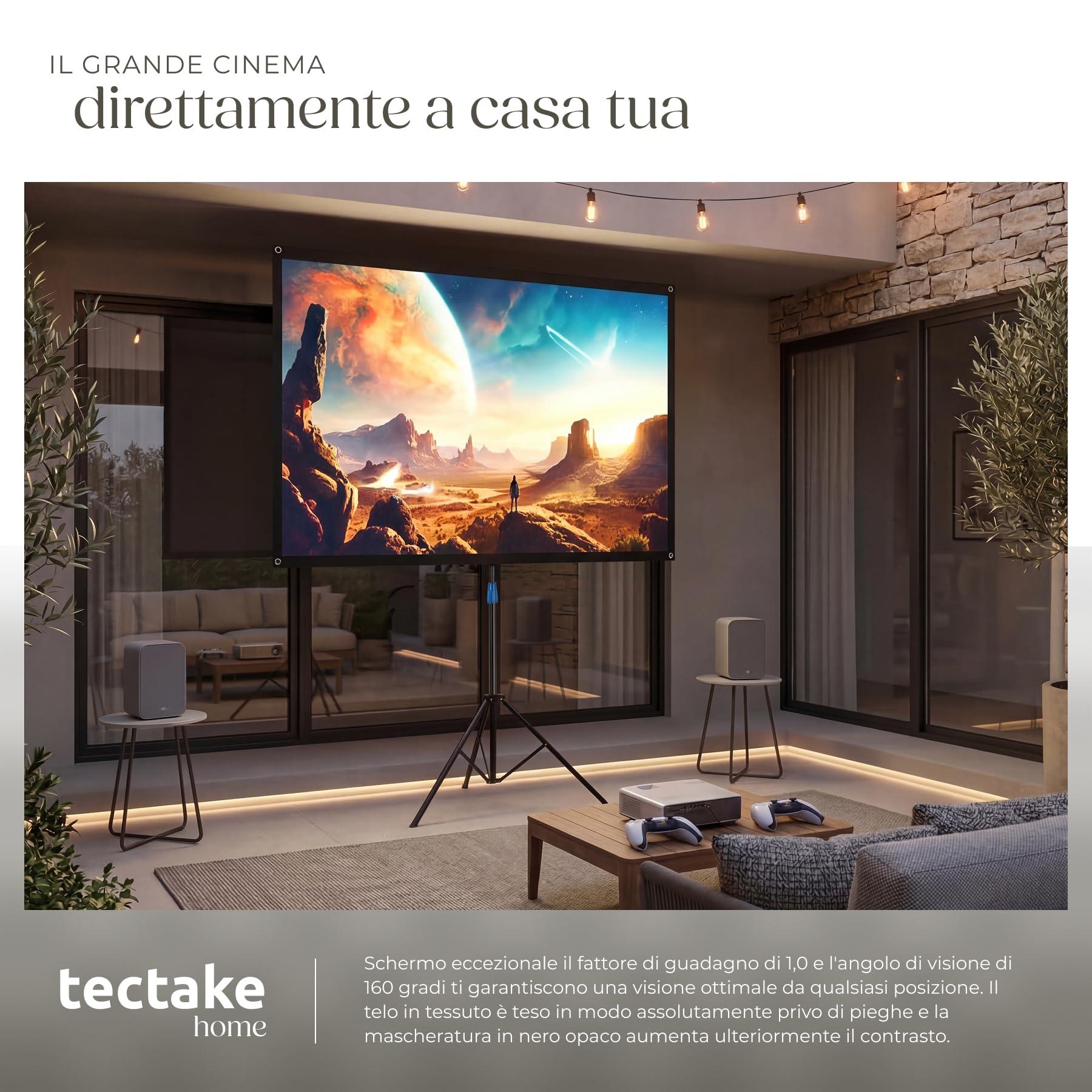 tectake® Telo Proiettore con Treppiede 16:9 4K HD, 160 x 90 cm, 72", Schermo Proiettore Regolabile, Borsa Trasporto, Schermo Portatile Cinema Home Theatre, telo per proiettore per casa ufficio scuola
