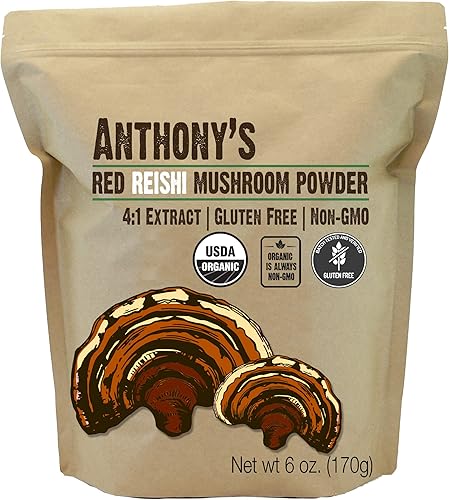 Anthonys - Extracto de hongo rojo orgánico Reishi en polvo 6 onzas extracto 4 a 1 sin gluten sin OMG