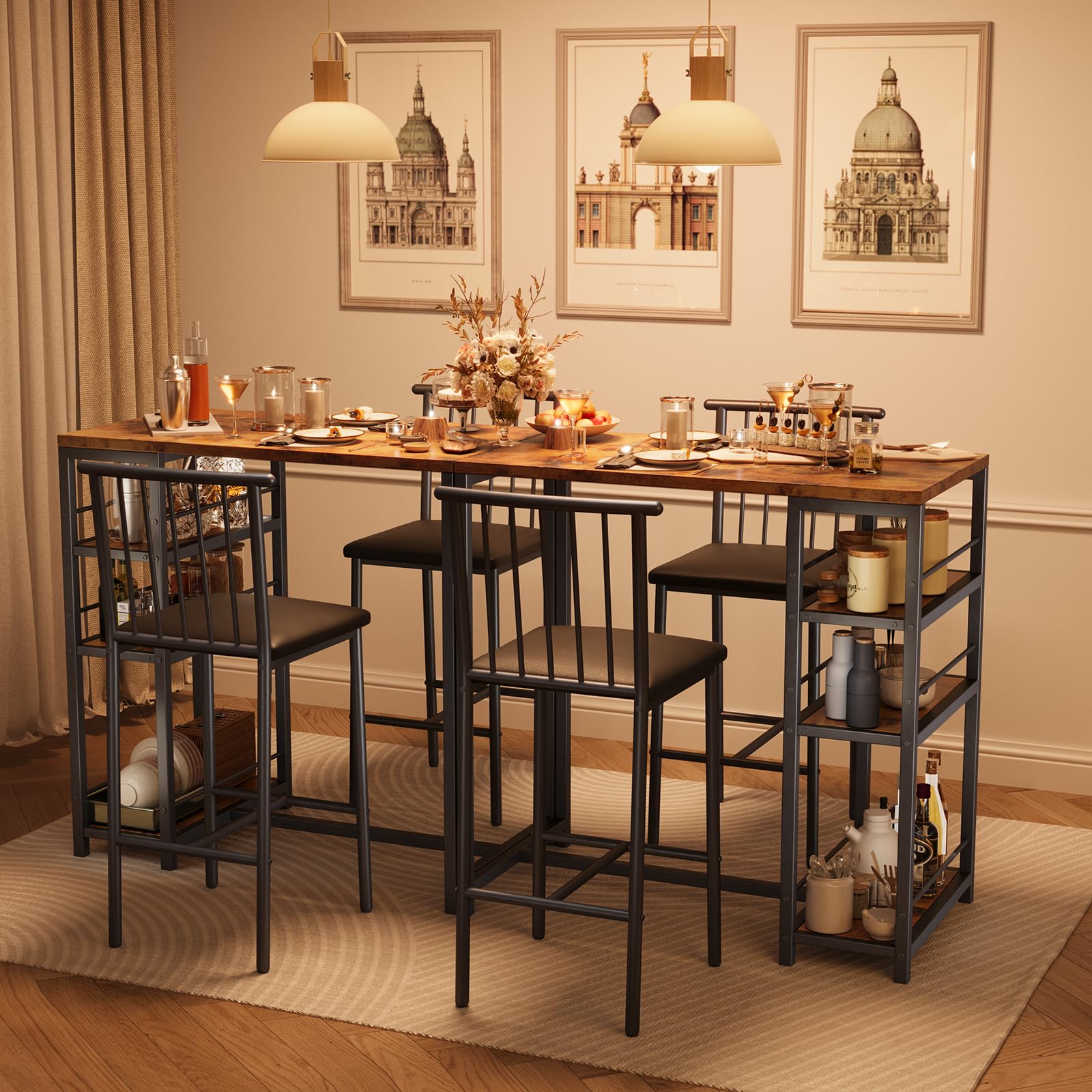 Xbro Ensemble Table de Bar avec 2 Chaises Rembourrées, Table de Bistrot pour Cuisine avec 3 Étagères (Marron)