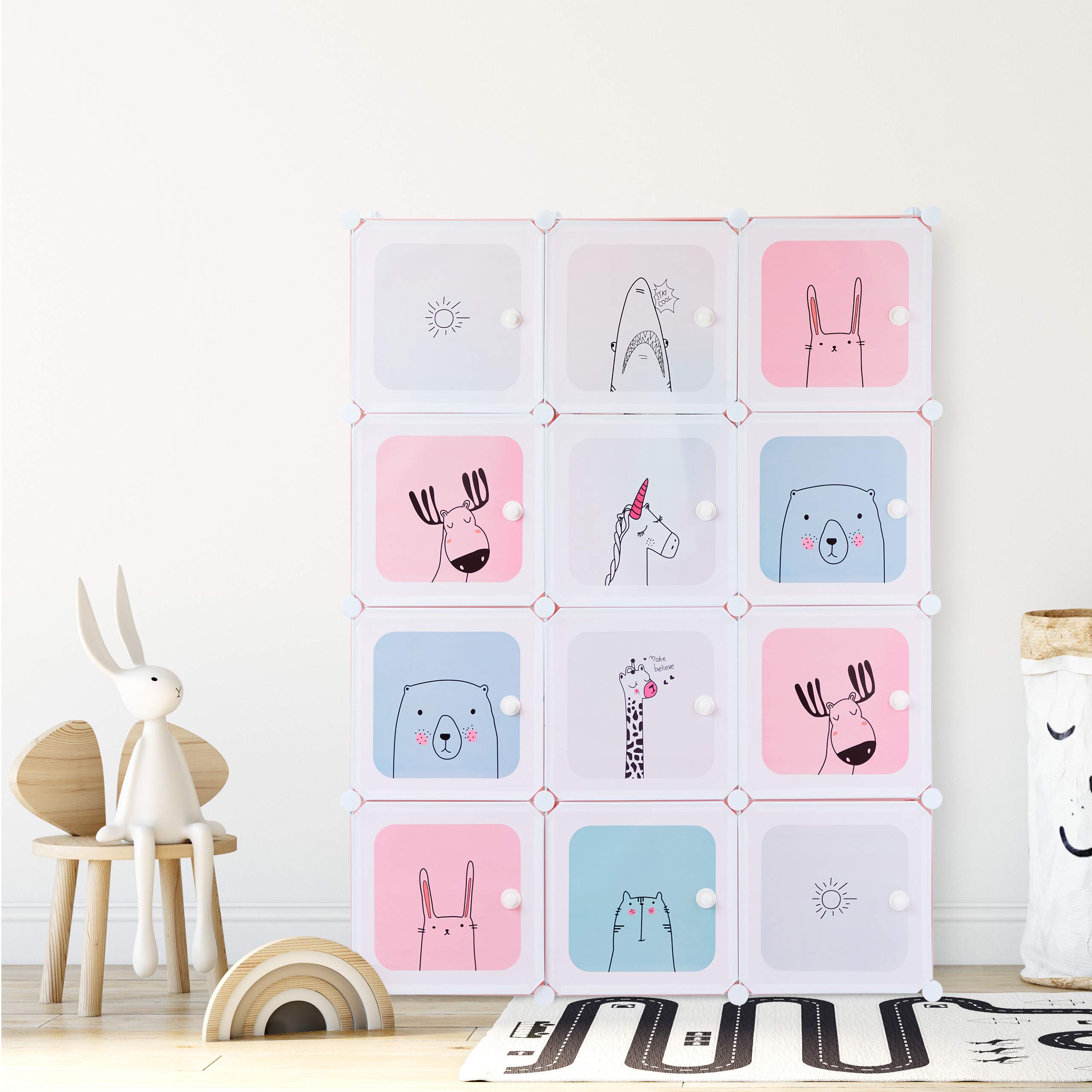 relaxdays Etagère emboîtable Enfants, Fillettes, Motifs ludiques, Plastique, Armoire DIY Portes, HlP 145x110x37,5cm,Rose, PP, ABS, métal, 145 x 110 x 37,5 cm