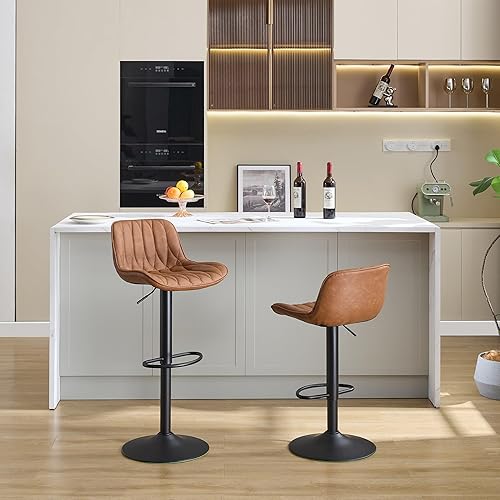 Miniatura 6 de Juego de 2 taburetes de bar giratorios, taburetes de bar de altura de mostrador marrón con respaldo, taburete de bar ajustable de 25 a 33 pulgadas,