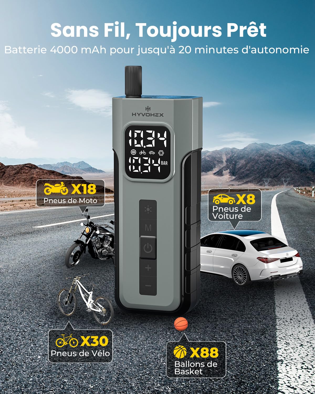 HYVOHEX Gonfleur 4000mAh Pneus Voiture Compresseur à Air Portatif 10,34Bar | Arrêt Automatique - Manomètre Numérique Lampe LED - Charge Pratique - pour Voiture, Moto, Vélo, Ballon