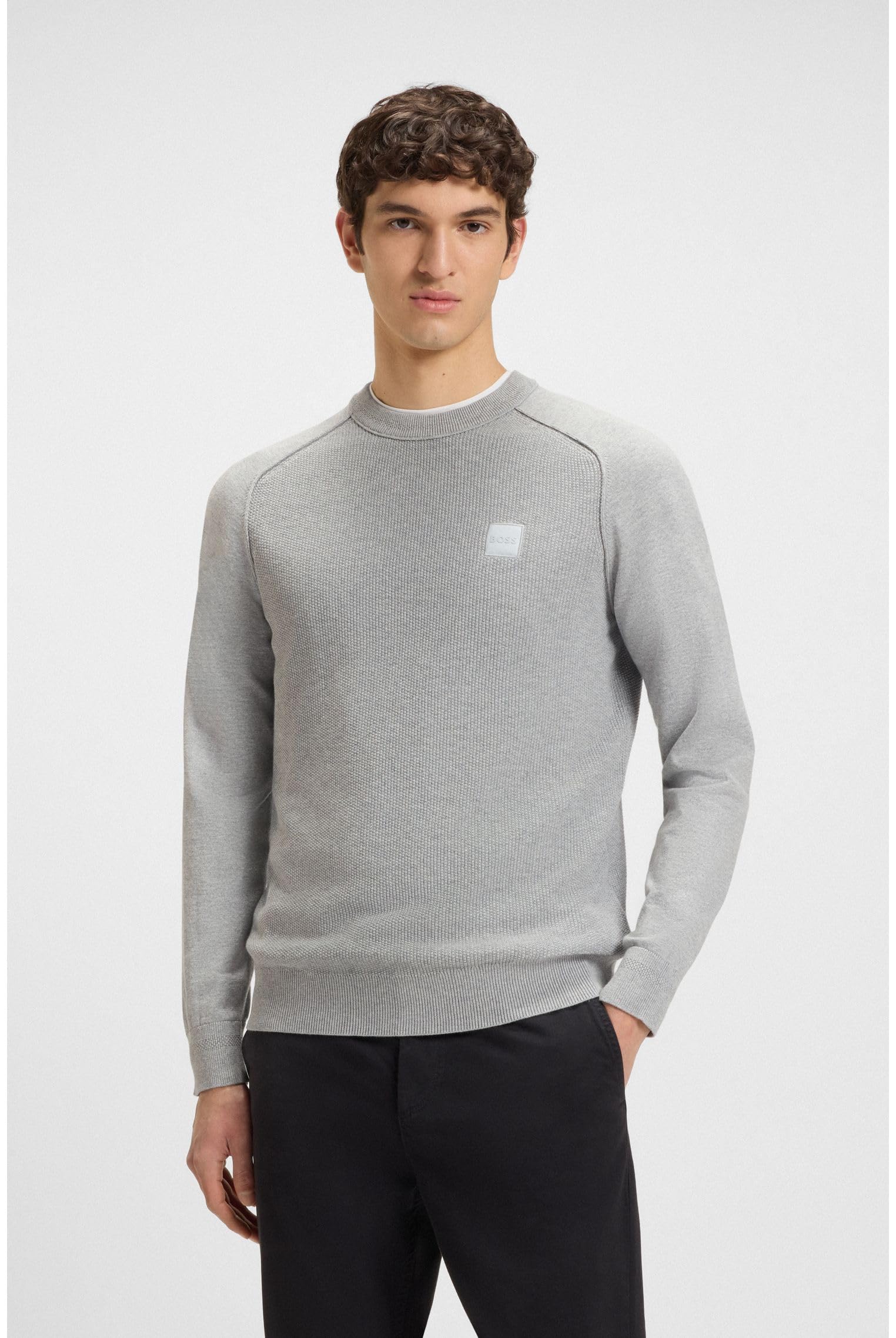 BOSS Herren Kesom Strukturierter Pullover aus Baumwolle und Kaschmir mit Web-Etikett