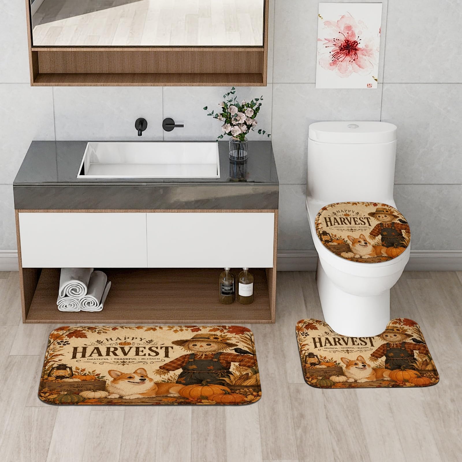 Ensemble de rideaux de douche en tissu imprimé citrouilles, motif épouvantail rustique automnal, lavable avec crochets, décoration pour chambre d'amis en toile, 183 x 183 cm, orange