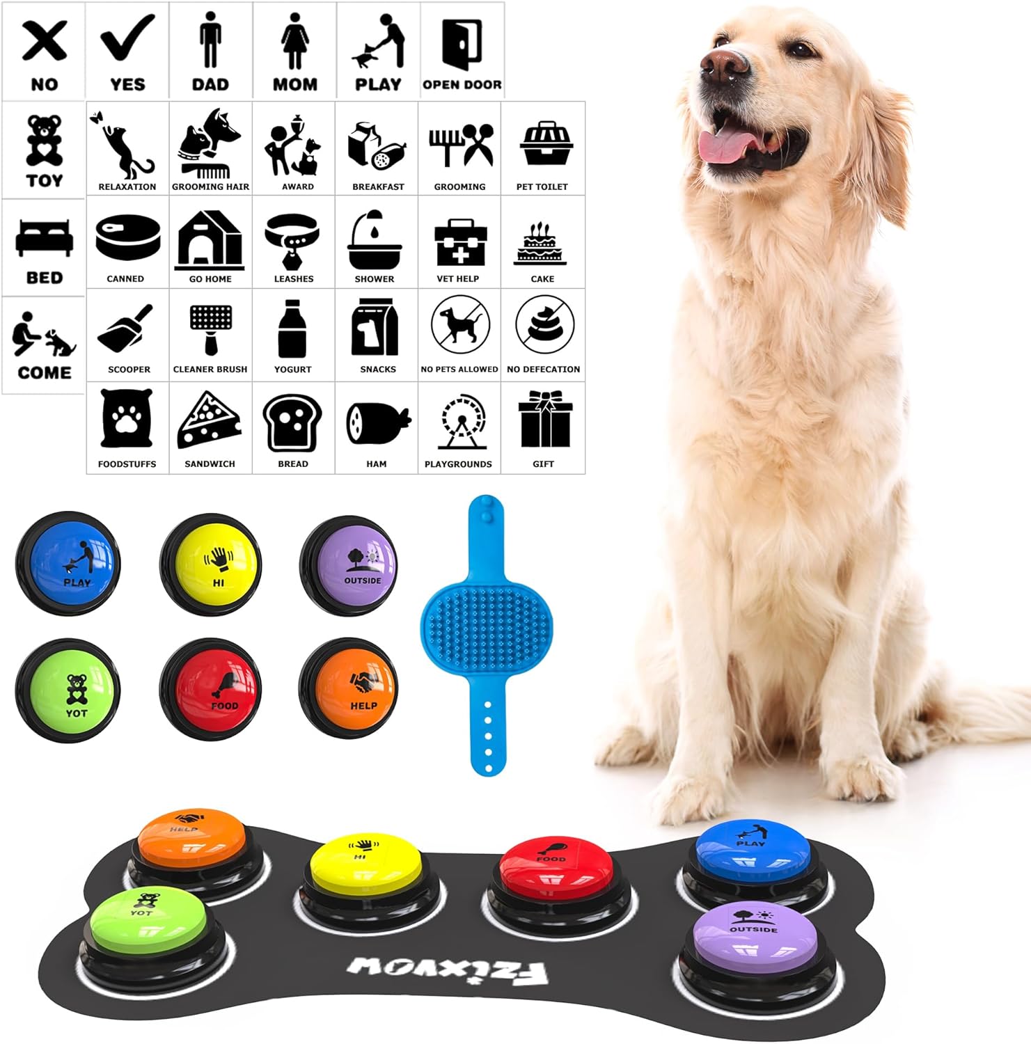 Dog Buttons Talk, 6 Pack Dog Communication Buttons, Recordable Talking Training Buttons for Dogs,30 Seconds Voice Dog Speaking Buttons with Dog Bath Brush Set