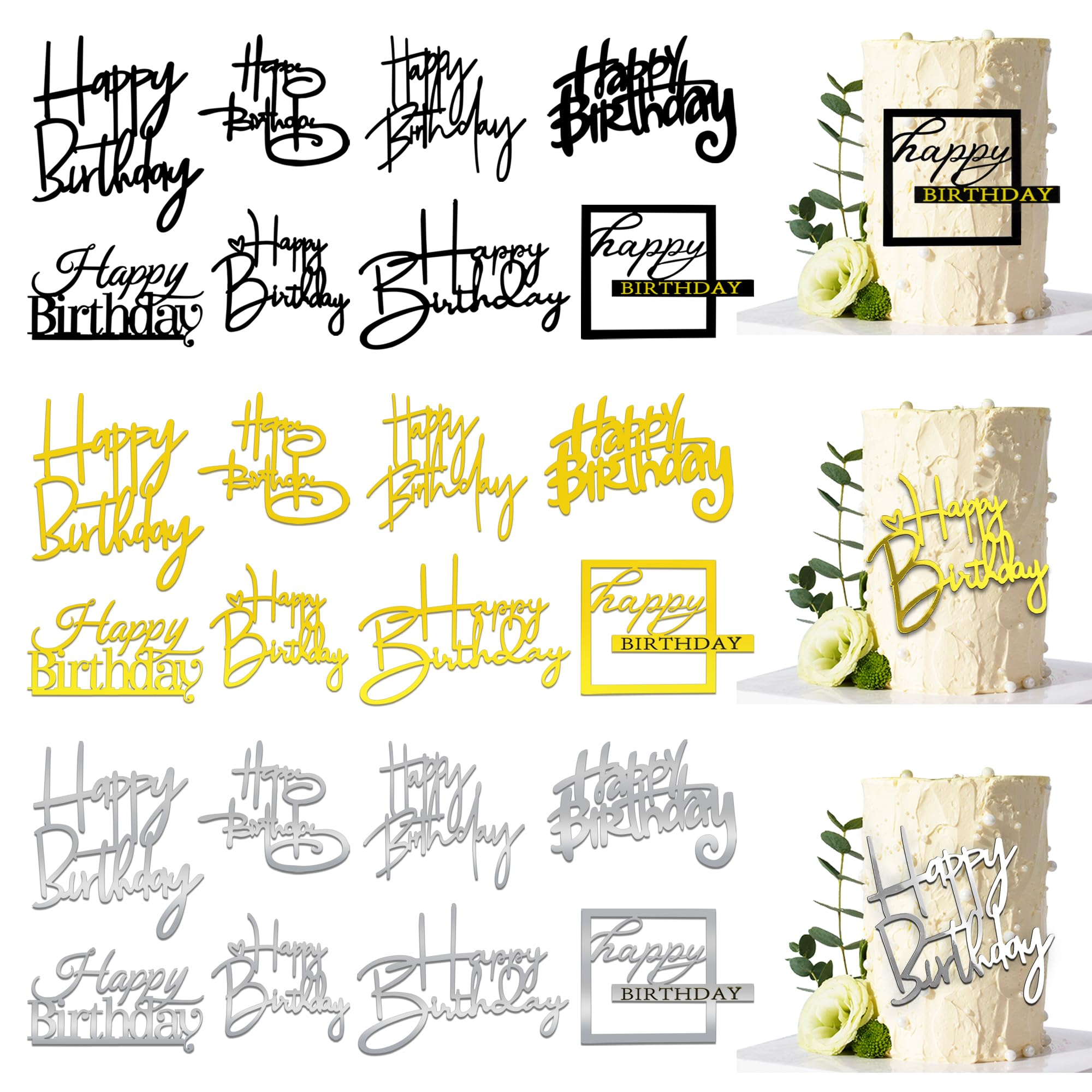 24 PCS Happy Birthday Cake Toppers Mirror Acrylic Side Cake Decorations 8 Styles 3 Colors