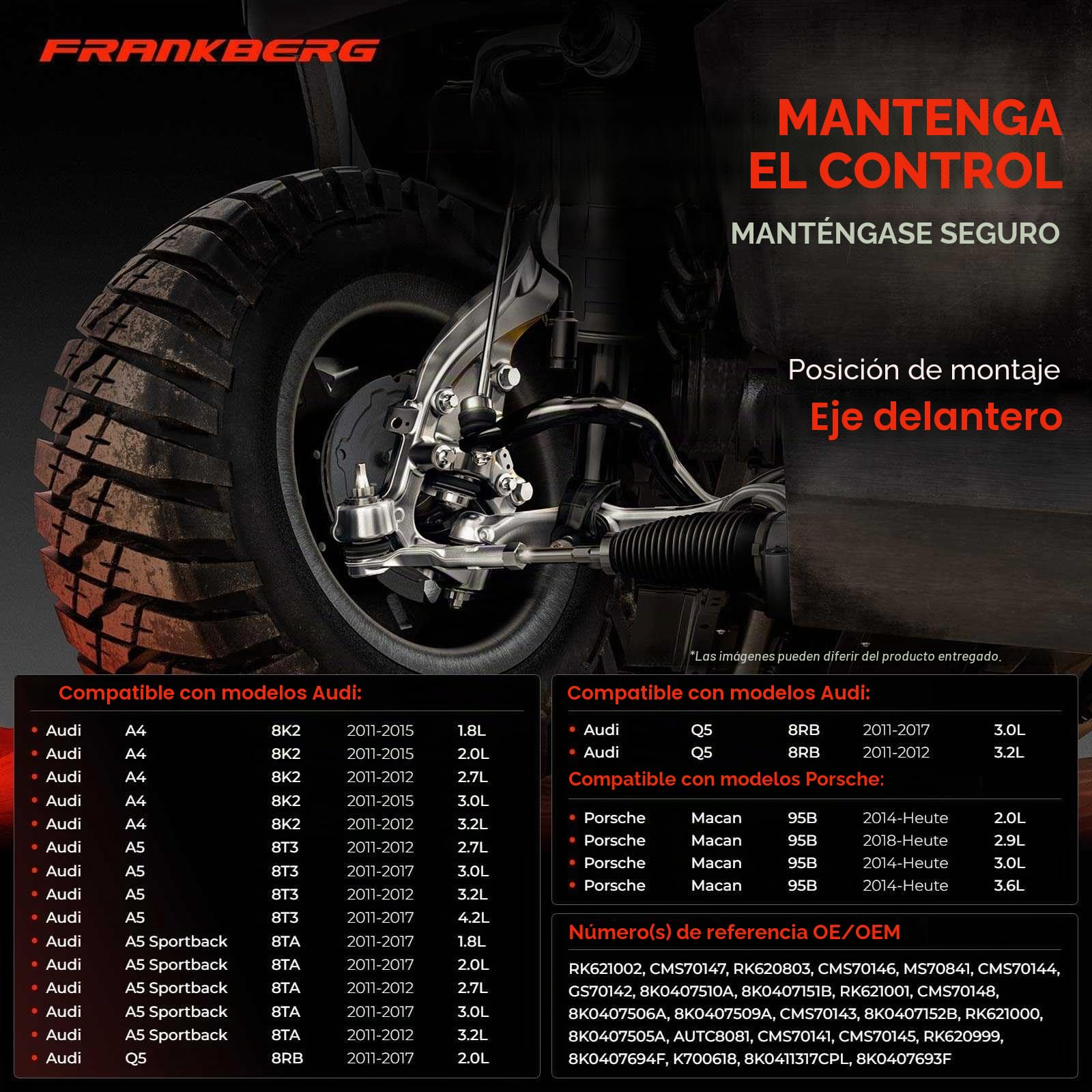 Frankberg 4 brazos de suspensión + 4 brazos de suspensión + 2 barras de acoplamiento delanteras izquierda derecha compatibles con A4 Avant 8K5 Q5 8RB A4 8K2 A4 Allroad 8KH A5 Sportback Replace