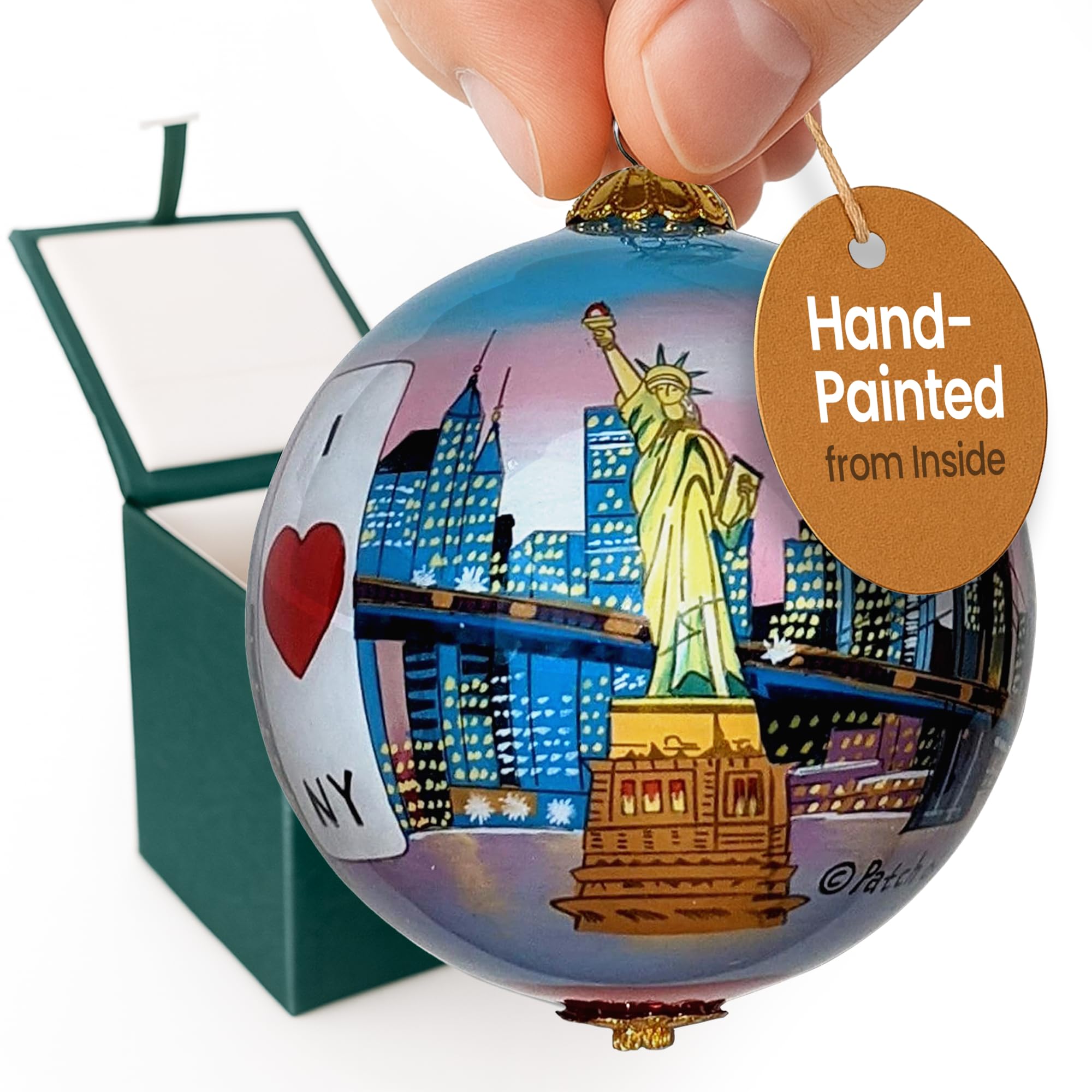 New York City bei Sonnenuntergang, Weihnachtsdekoration, handbemalt, mit dekorativer Geschenkbox – Ansicht 9