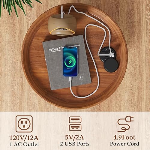 Miniatura 5 de Gadroad - Mesa auxiliar redonda con estación de carga, puertos USB, superficie de madera y marco de metal negro, mesa lateral de 2 niveles para sala