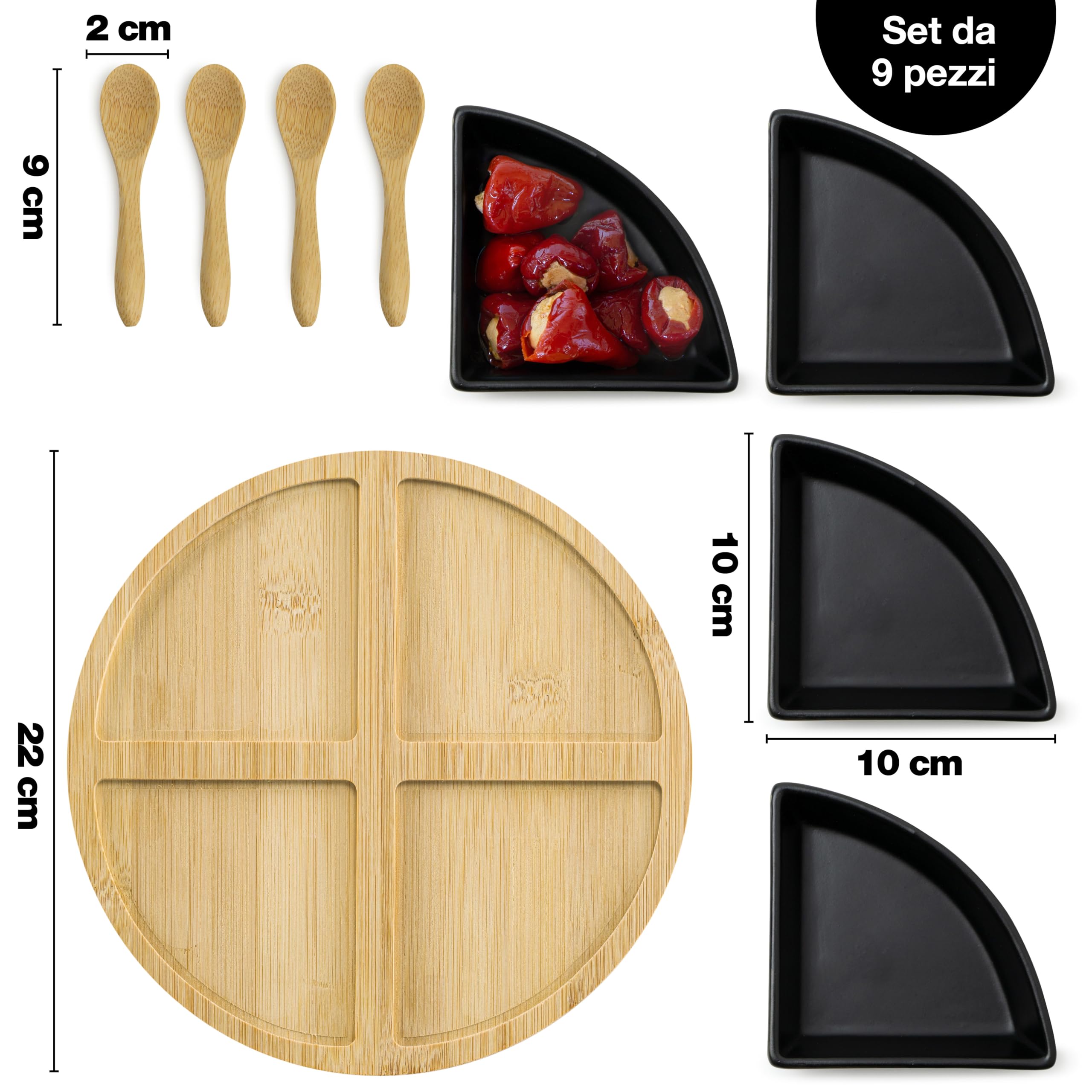Moritz & Moritz 7 pz. Serving Set Bay Leaf - ciotole in ceramica vassoio in ardesia e cucchiaio di bambù - per salse snack antipasti dessert