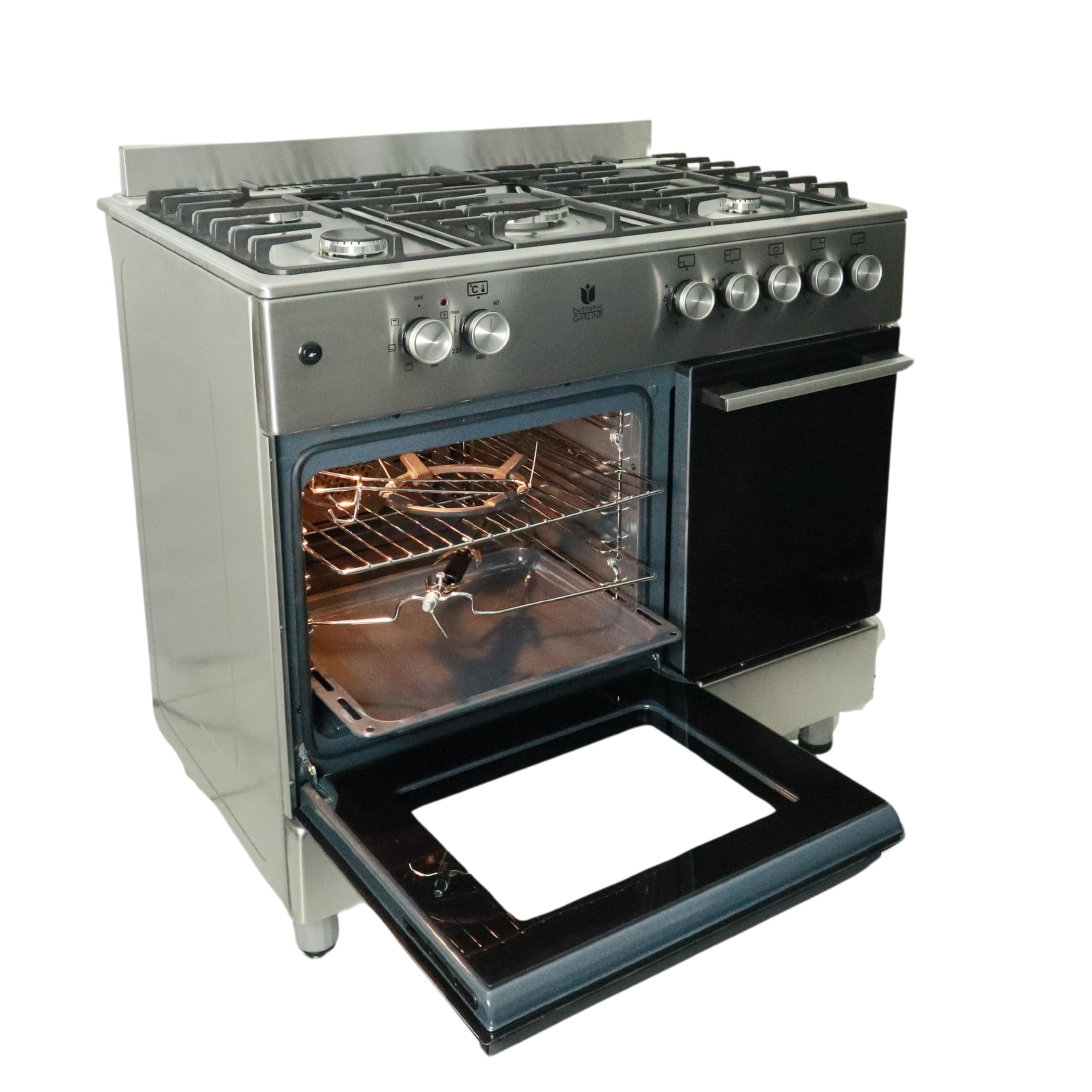 Gasline Gas Standherd mit Elektrobackofen und Flaschenschrank 90cm GAG90GOXFLE Edelstahl, Propan Regler 50Mbar + Gasschlauch