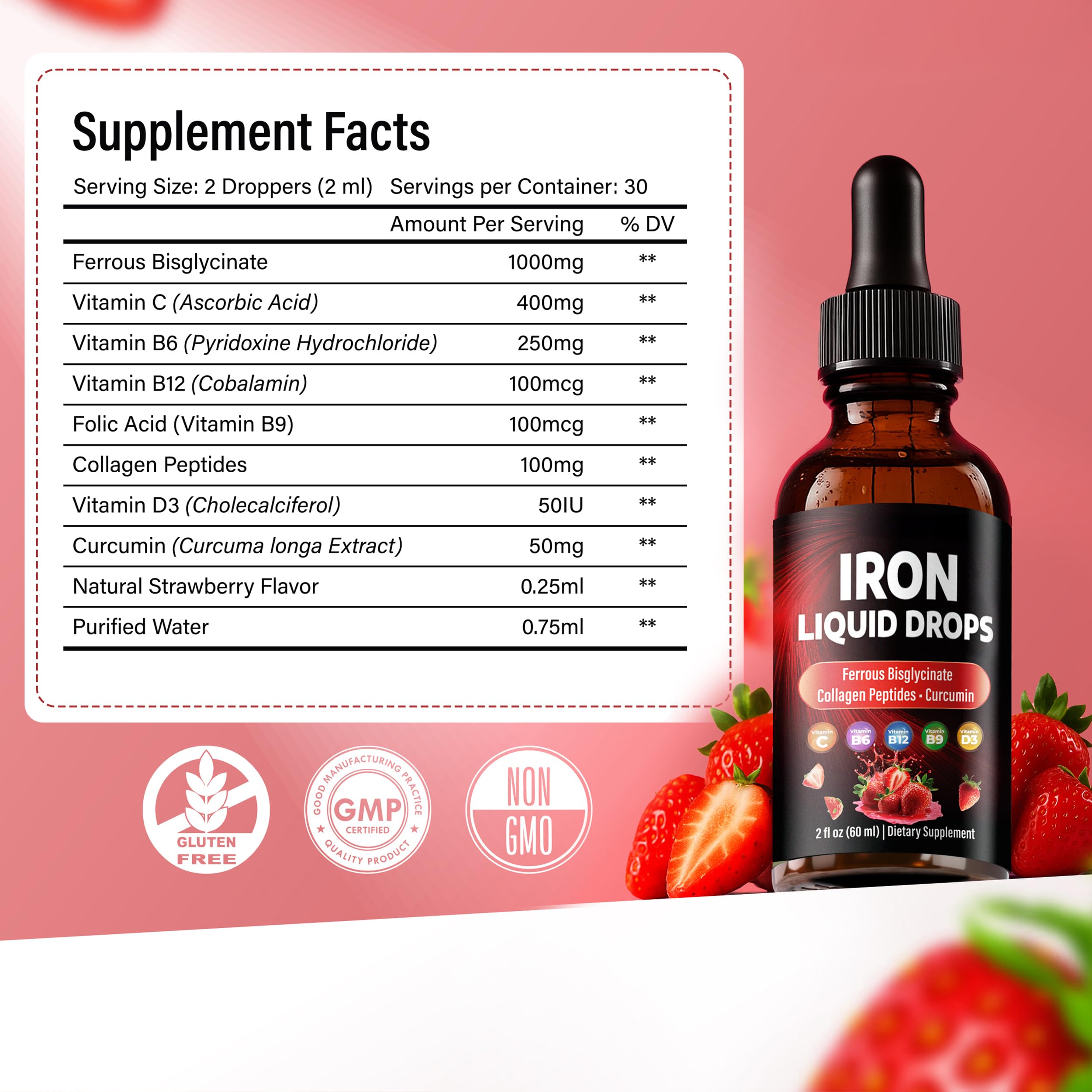 Liquid Iron Drops – with Vitamin C, B6, B12, Folic Acid, & Collagen — Amazon image 2