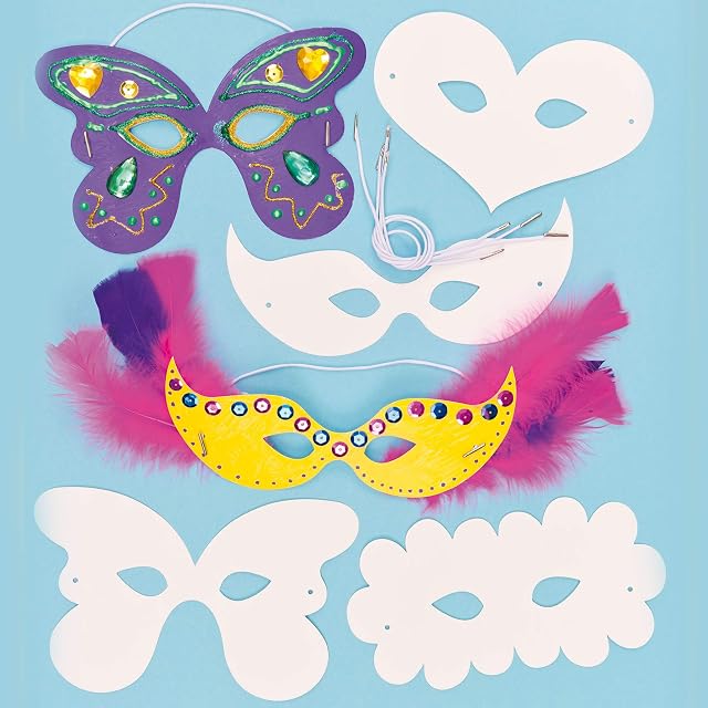 Baker Ross ET773 Decorate Your Own Carnival Mask Kit (Pack of 12) Carnival Masks for Kids to Decorate, White