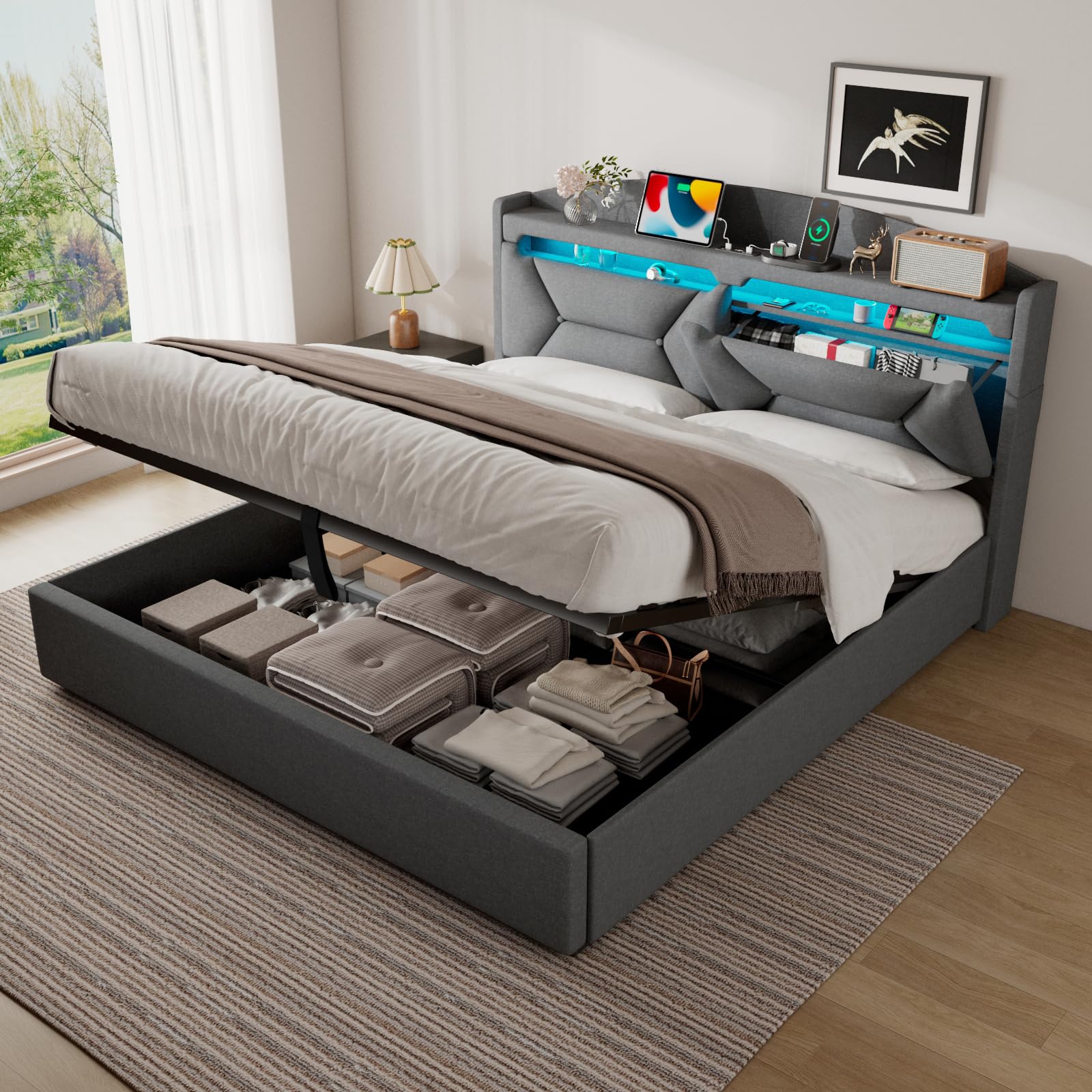 Cama Matrimonio 160x200 con Almacenamiento, Camas Matrimoniales con LED, Puertos USB y Type-C, Canape 160x200 Hidráulico, Cama Matrimonio con Cabecero, Lino, Gris, Colchón No Incluido