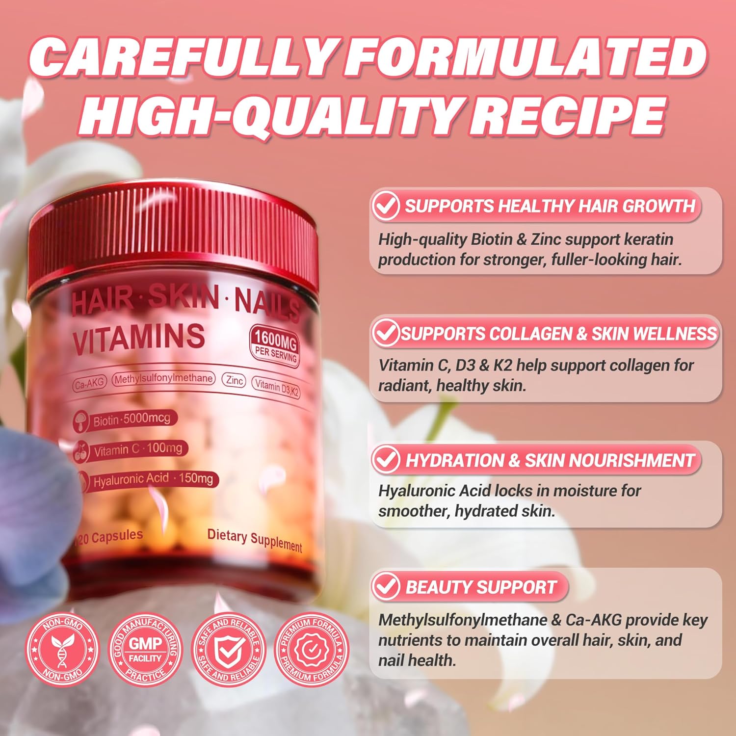 Biotin Supplement for Hair, Skin and Nails - Support Healthy Hair Growth for Women & Men - Strong Nails & Radiant Skin - with Biotin, Hyaluronic Acid, Vitamin C, D3 & K2-120 Capsules (1 Pack) - Image 3