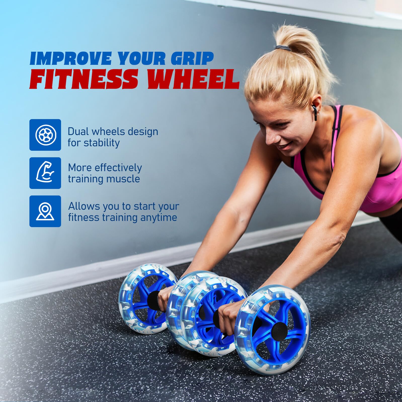 Dwukołowy Roller Fitness Do Wzmacniania Mięśni Brzucha Trwały i Lekki Sprzęt Do Ćwiczeń dla Mężczyzn i Kobiet Niebieski z Antypoślizgowymi Uchwytami Stabilny i Przenośny