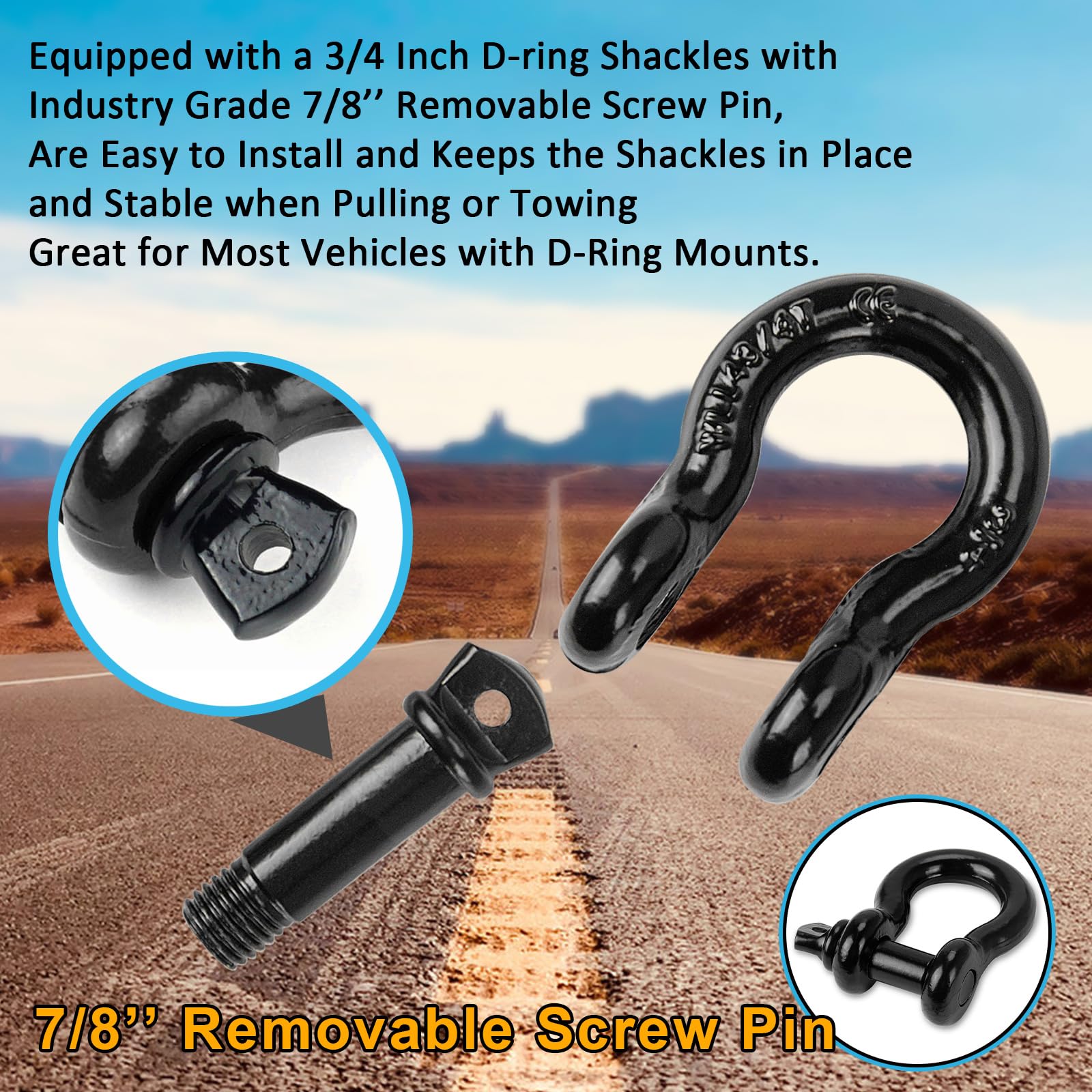 1,9 cm D-Ring-Schäkel, 2,2 cm Abnehmbarer Schraubstift, WLL: 4,75 Tonnen, Verwendung mit Leine, Seilwinde, für Fahrzeug-Recovery und Abschleppen in LKWs, Jeeps, 4er-Pack, Schwarz (4 Stück)