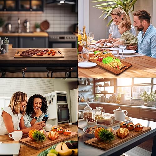 Miniatura 6 de Bokon 2 tablas de madera de acacia de 22 x 12 pulgadas, tabla de servir de acacia con asa, bandeja rectangular de madera de acacia para servir