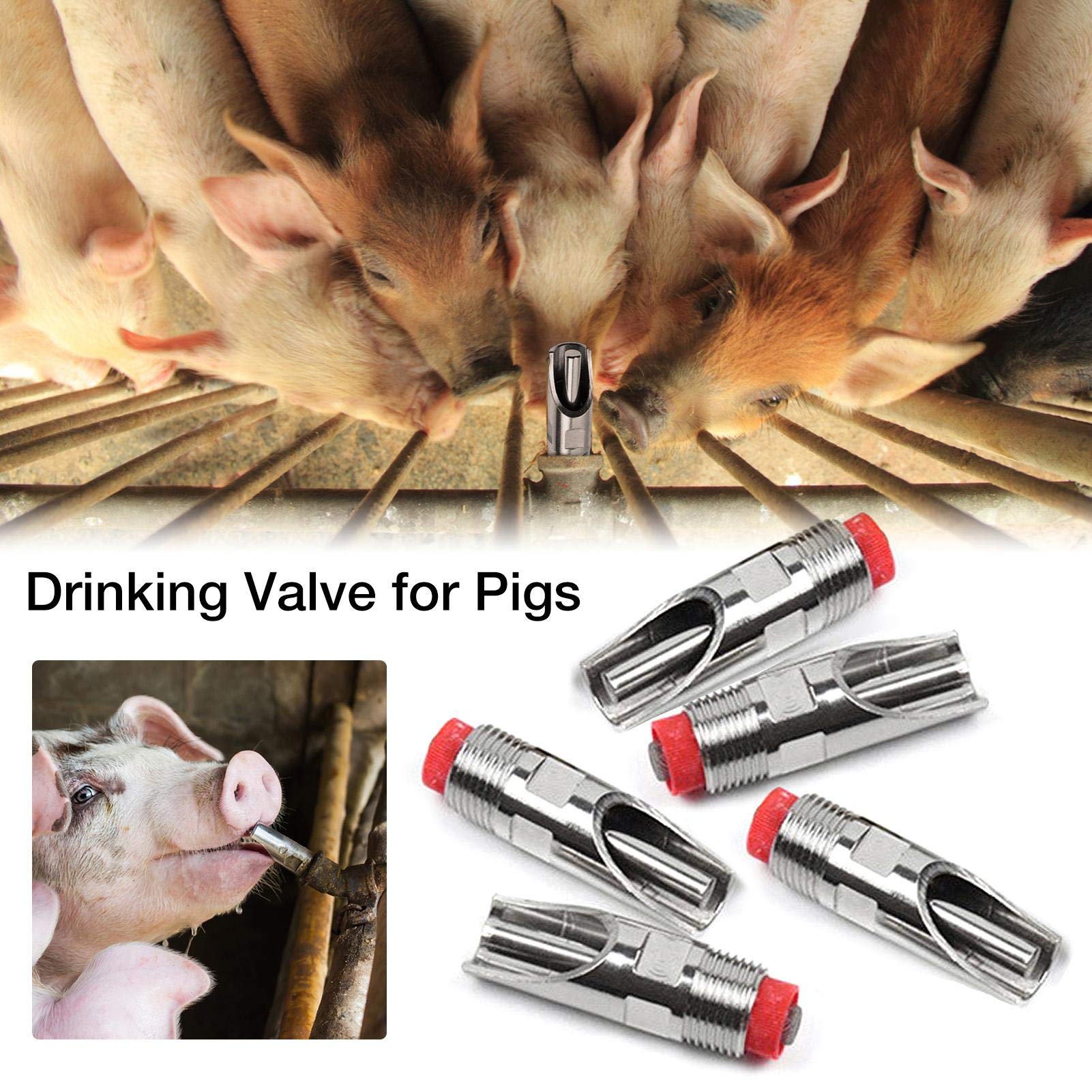 Stainless Steel Nipple Drinkers - 5 Pack, Automatic Pig Waterer For Piglets & Sows, Red Duckbilled Design