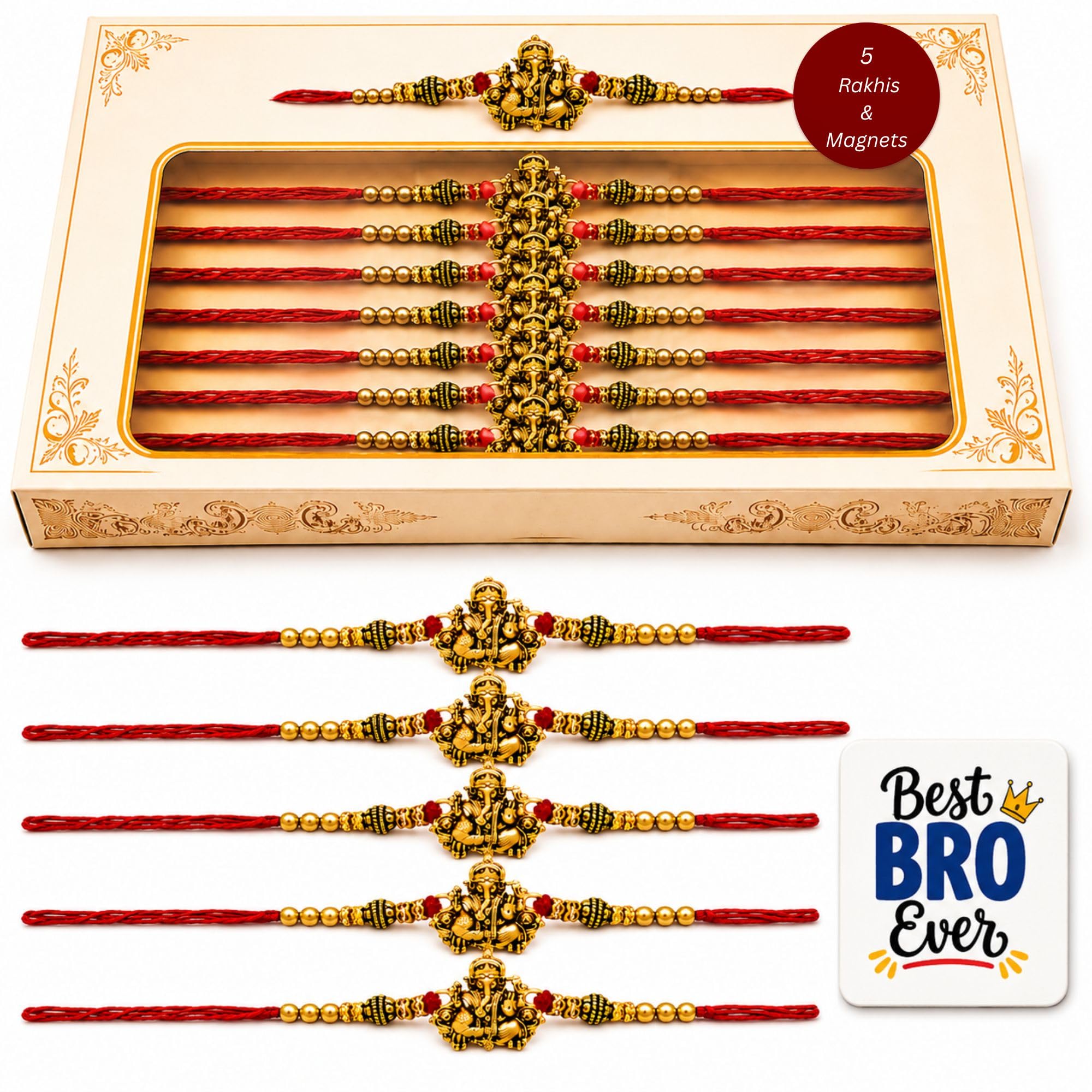 eCraftIndia Pack of 5 Golden Religious Designer Ganesha Rakhi for Brother Bhaiya Bhai | 5 Best Bro Ever Fridge Magnets | Roli Chawal Pack | Raksha Bandhan Rakhi Gift Set