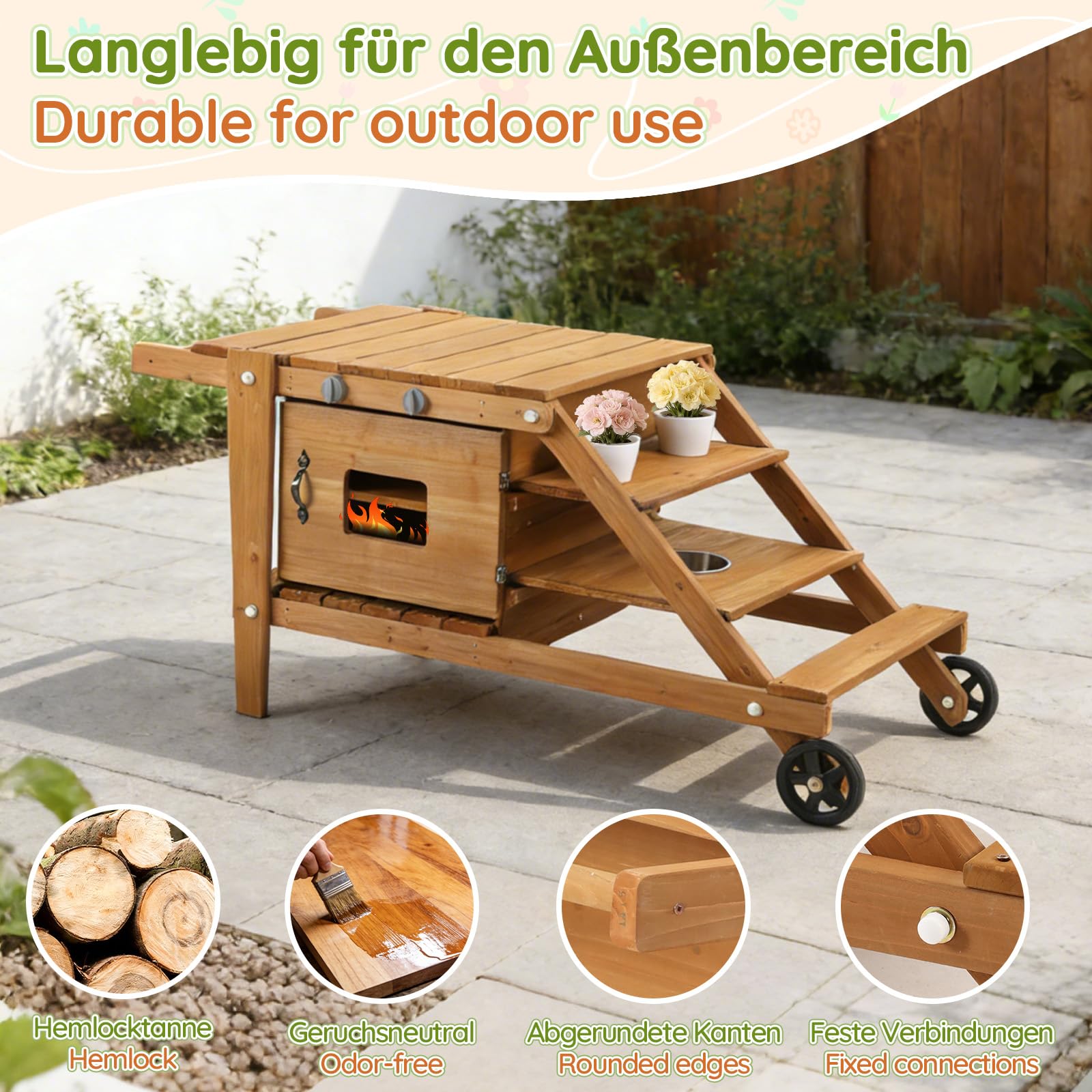 Gecheer Kinderküche Outdoor, Rollen, Zubehör, Holz, ab 3 Jahren, für Garten, Rollenspiel