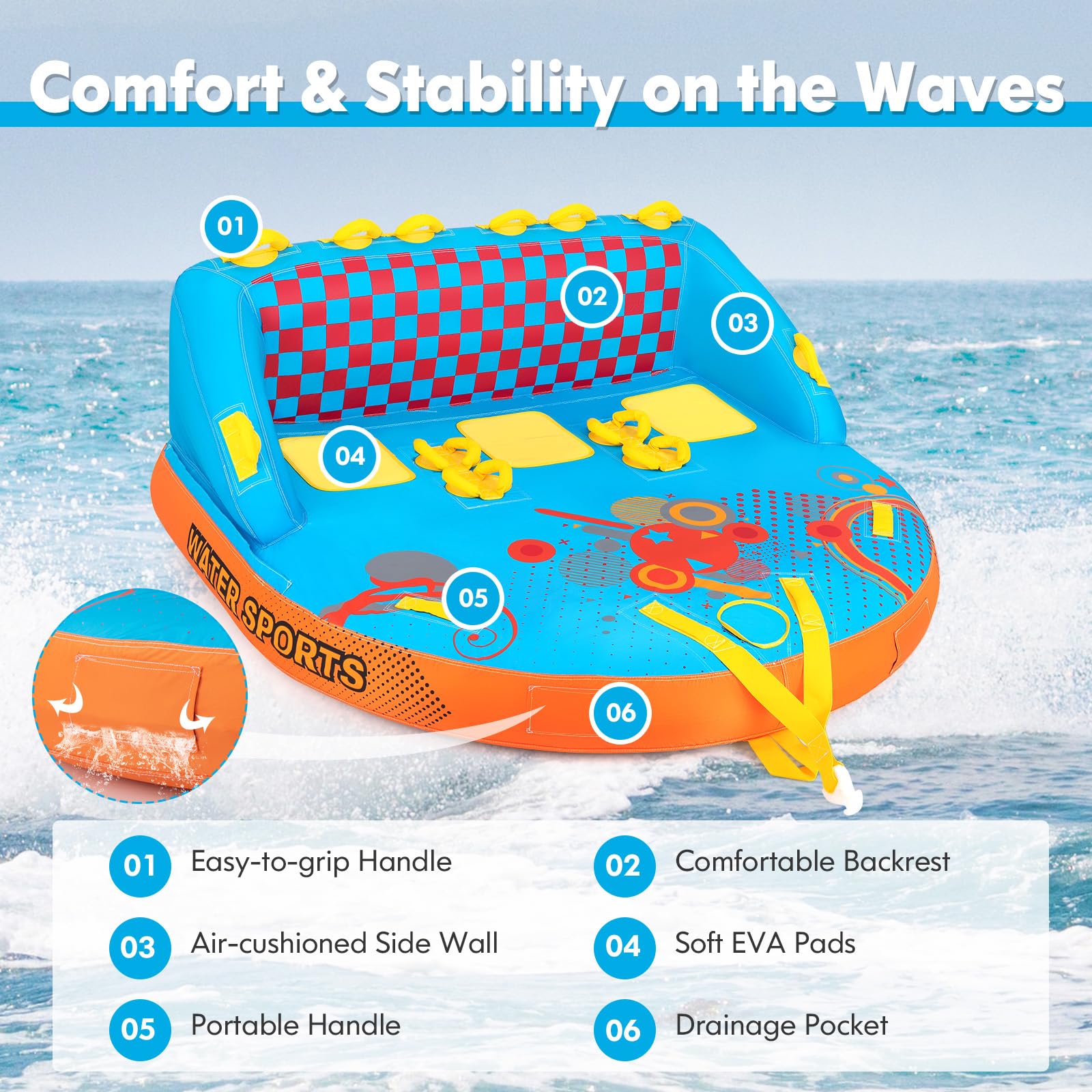 GYMAX Gonfiabile Trainabile per Barche, Tubo Gonfiabile da 1-3 Persone con Doppi Punti di Traino, Imbottiture in Schiuma, Rivestimento Completo in Nylon, Attrezzatura da Traino per Sport Acquatici