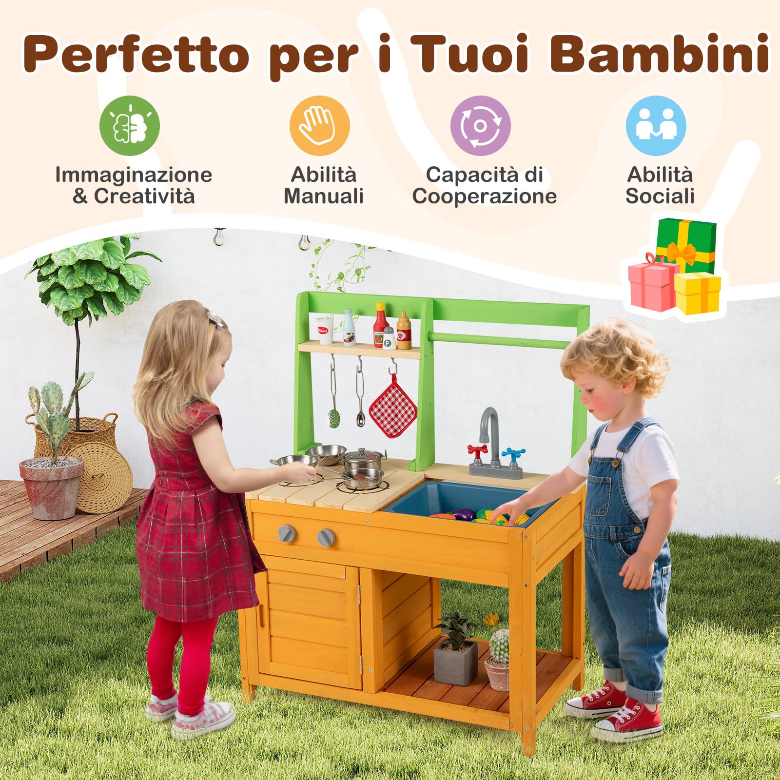 GYMAX Cucina Giocattolo in Legno per Bambini, Cucina da Esterno con Fornelli, Lavello, Rubinetto, Suoni, Accessori Ricchi e Ripiani Aperti, Giocattolo Interattiva per Bambini 3+ Anni