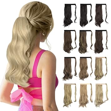 SOFEIYAN Curly Ponytail Extension 15 Inch Heat Resistant Synthetic Natural Wavy Hairpiece Wrap Around Pony Tail Hair Extensions for White Black Women Hair Piece, Pale Golden Blonde & Bleach Blonde