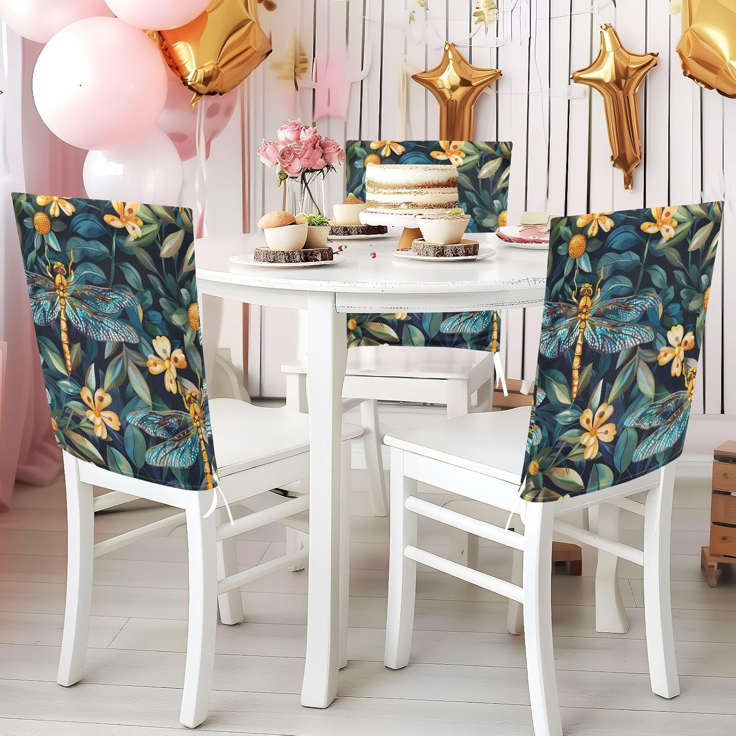 ALAZA Dragonfly Flowers Chair Back Cover Set of 6, Washable Reusable Removable Chair Slipcovers Decorative Chair Cover for Home Kitchen Wedding Party