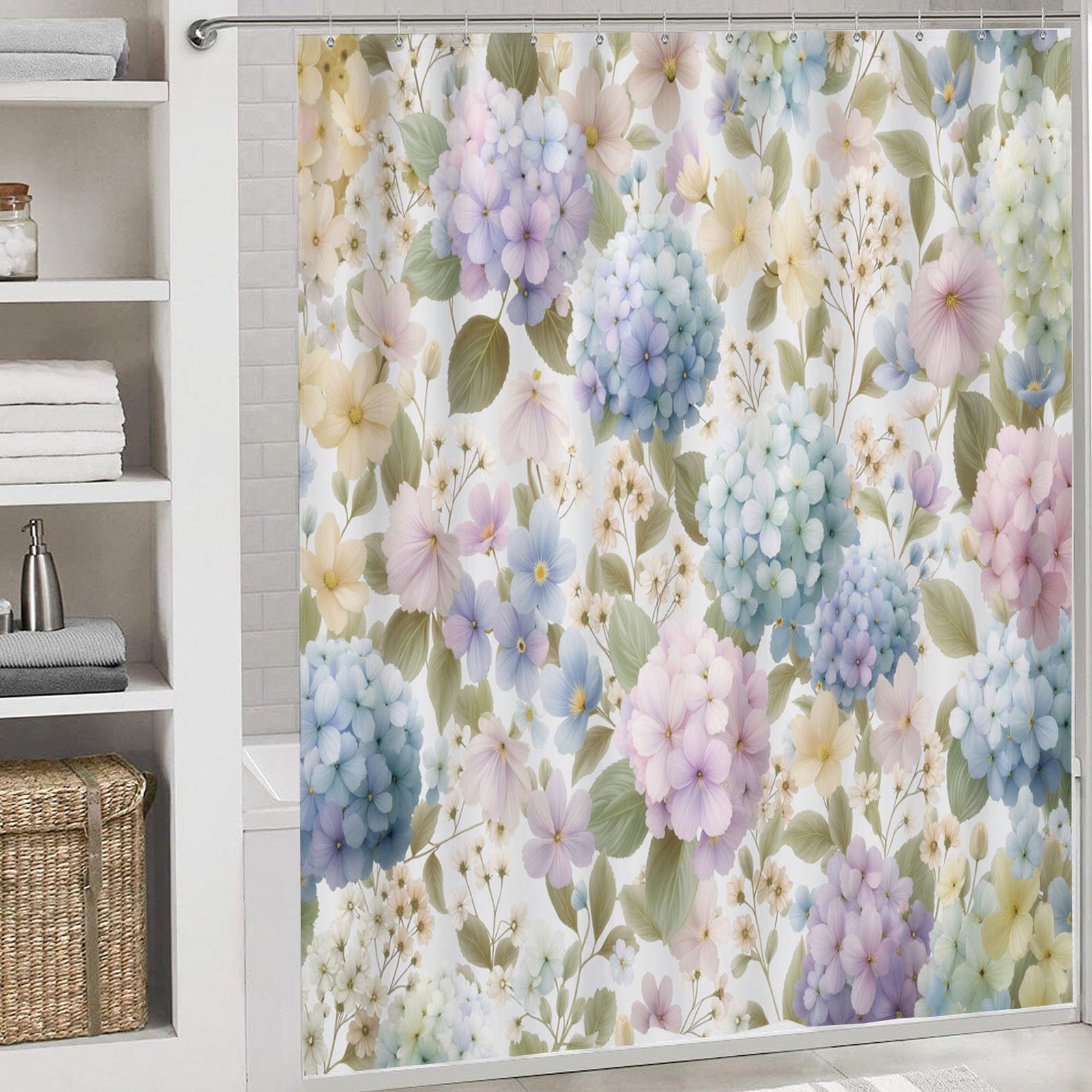 Hortensia Rideau de Bain Tissu Polyester Peinture à l'aquarelle Anti Moisissure Imperméable Lavable Rideaux Salle de Bain ，séchage Rapide 180 x 200 cm