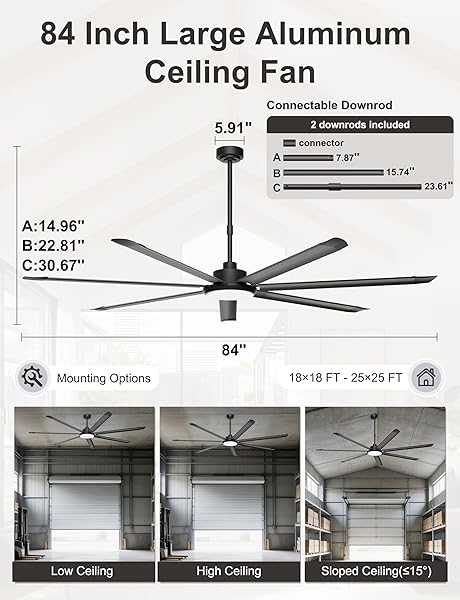 Ohniyou Ventilador de Techo de 213 cm con Luz - Ventiladores de Techo Industrial Grande con Control Remoto/APP, 7 Aspas de Aluminio, Motor DC Silencioso para Interior Exterior Terraza Garaje, Negro - 4