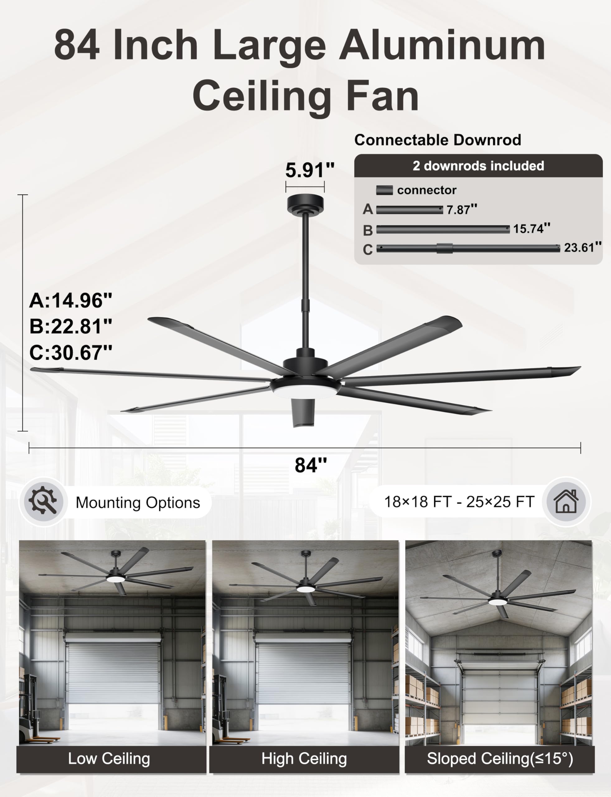 Ohniyou Ventilador de Techo de 213 cm con Luz - Ventiladores de Techo Industrial Grande con Control Remoto/APP, 7 Aspas de Aluminio, Motor DC Silencioso para Interior Exterior Terraza Garaje, Negro - 5