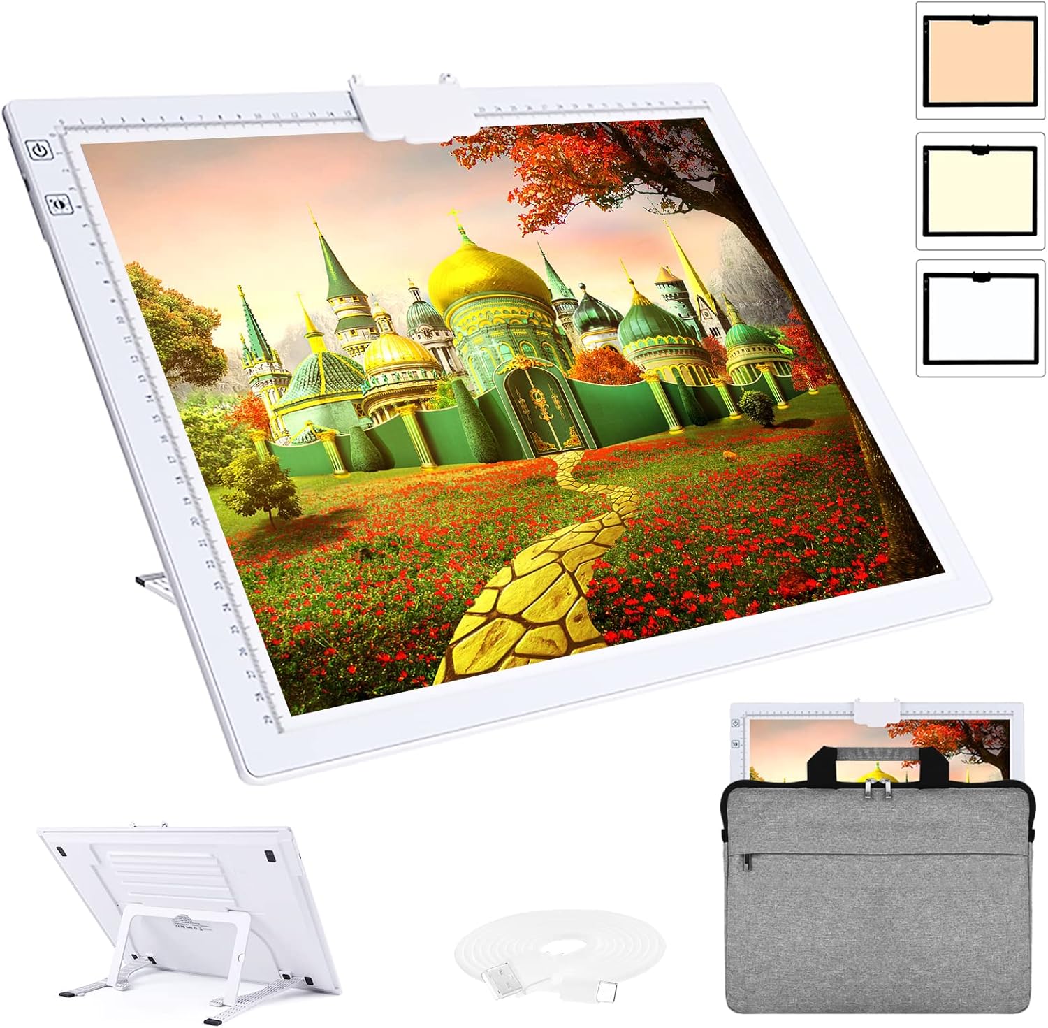 ASRAS Led Light Pad with Carry Bag, Rechargeable Battery Powered Tracing Light Box, 3 Colors Stepless Dimmable 6 Levels of Brightness Diamond Painting Light Board ,Built-in Stand, Magnet Clip