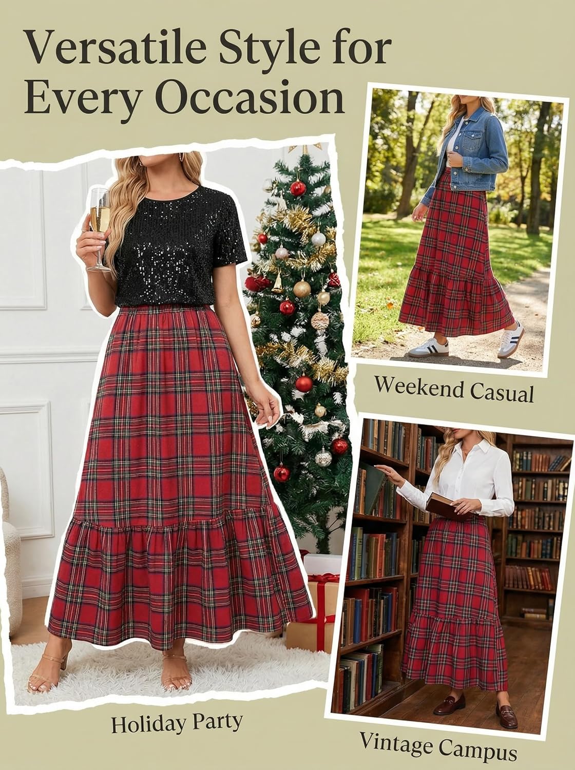 CUPSHE Womens Maxi Skirts Tartan Ruffled Skirt Plaid Holiday Christmas High-Rise Waist Xmas Long Skirt - Image 6