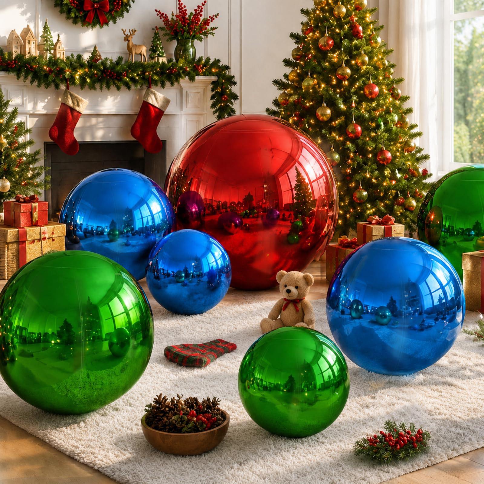 Rouge Boule Miroir Gonflable 50 CM avec Pompe Gonflable Grandes boules brillantes Décorations de Noël