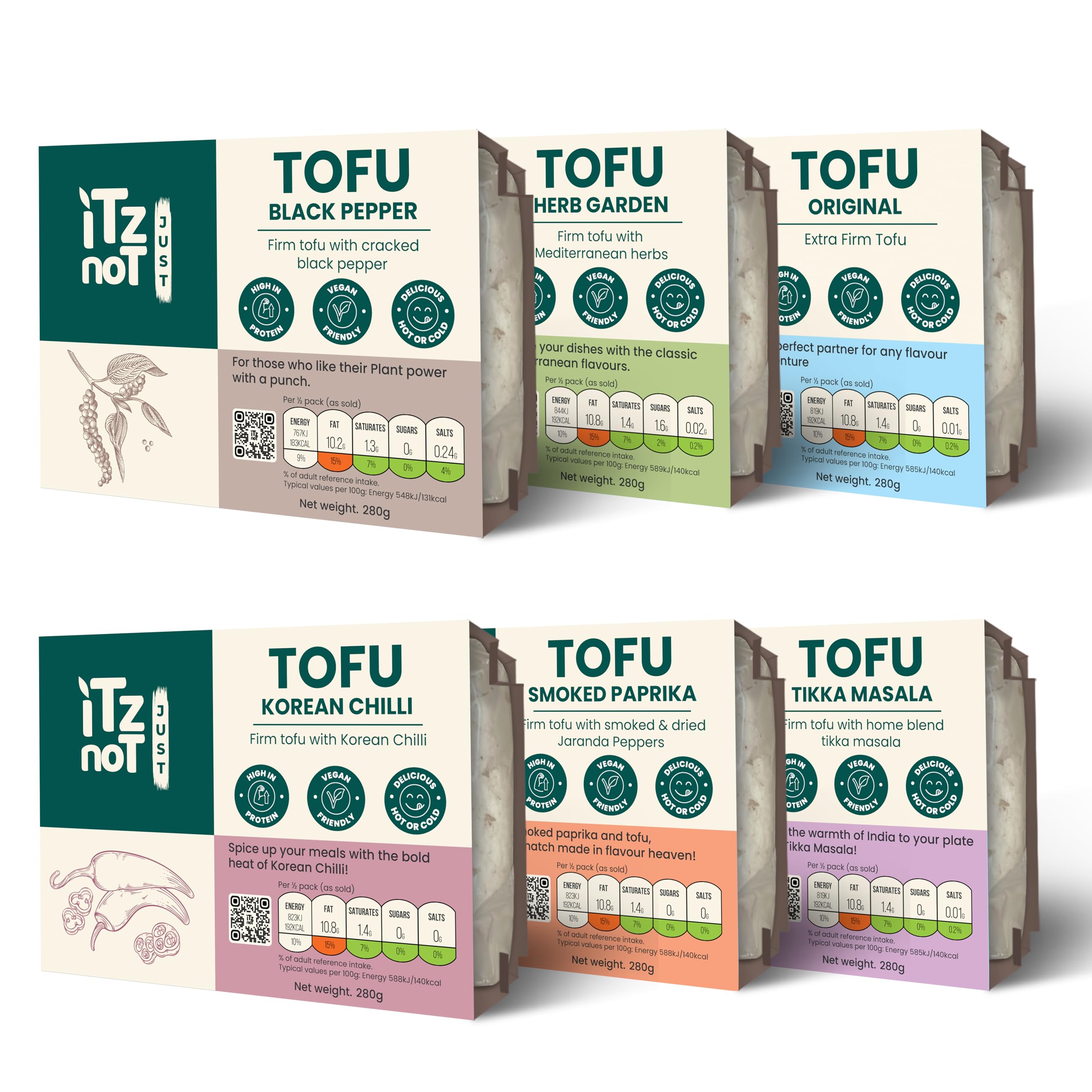 iTz noT JUST TOFU Variety Pack (6 x 280g) Vegan High Protein Tofu Black Pepper, Herb Garden, Original, Korean Chilli, Smoked Paprika & Tikka Masala Gluten Free, Low Fat, Nigari Tofu